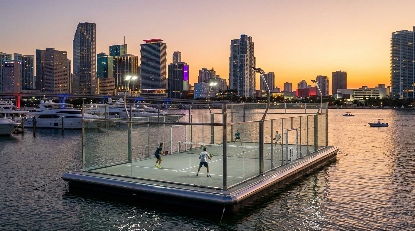 luxury floating padel court miami sunset