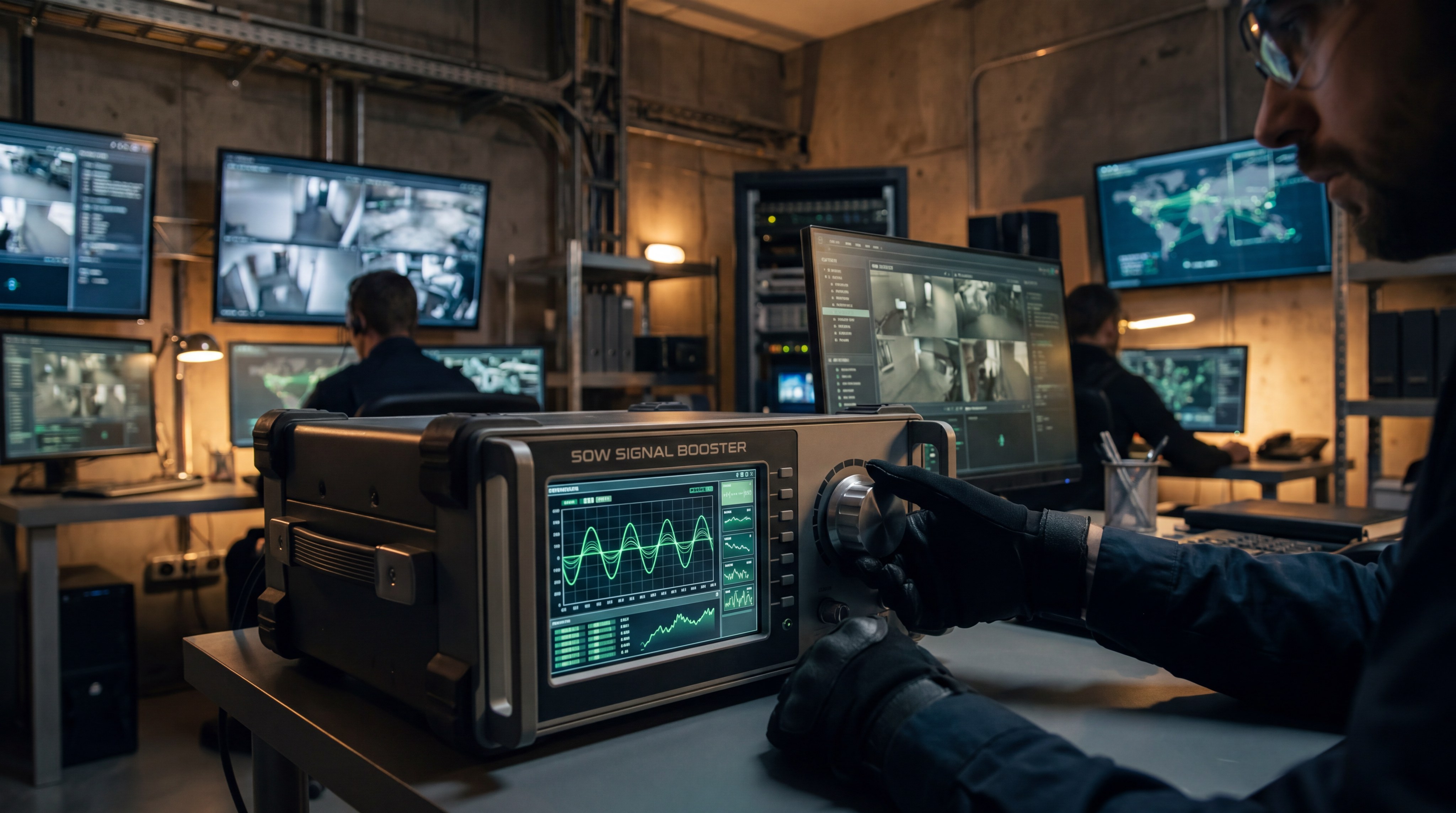 A professional technician in black gloves adjusting a 50W signal booster unit at a security workstation. The foreground shows the booster's screen displaying active green waveforms, while the background features multiple monitors showing security feeds and a global signal map in a dimly lit, high-tech command center.