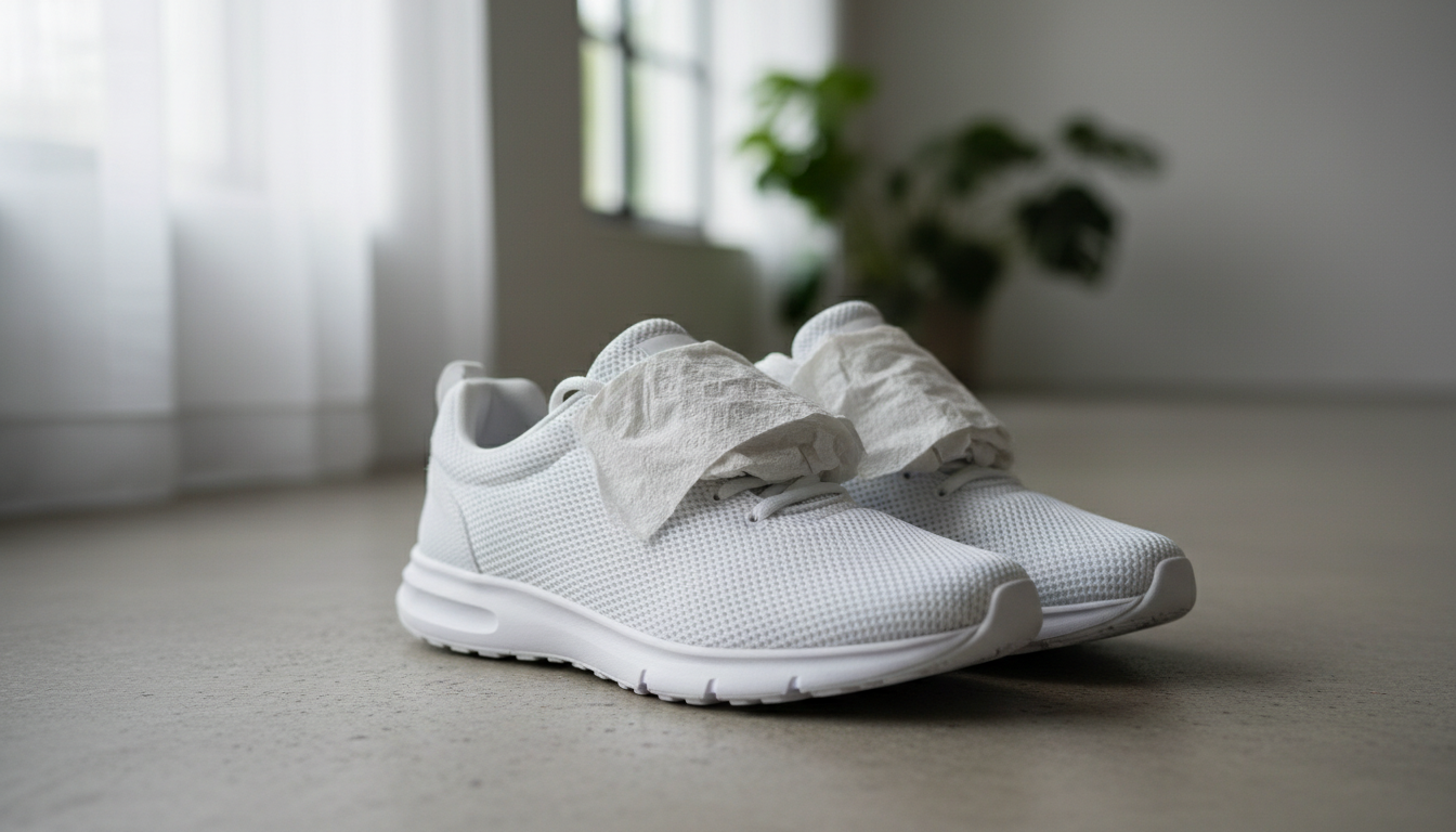 White mesh shoes stuffed with paper for structural support