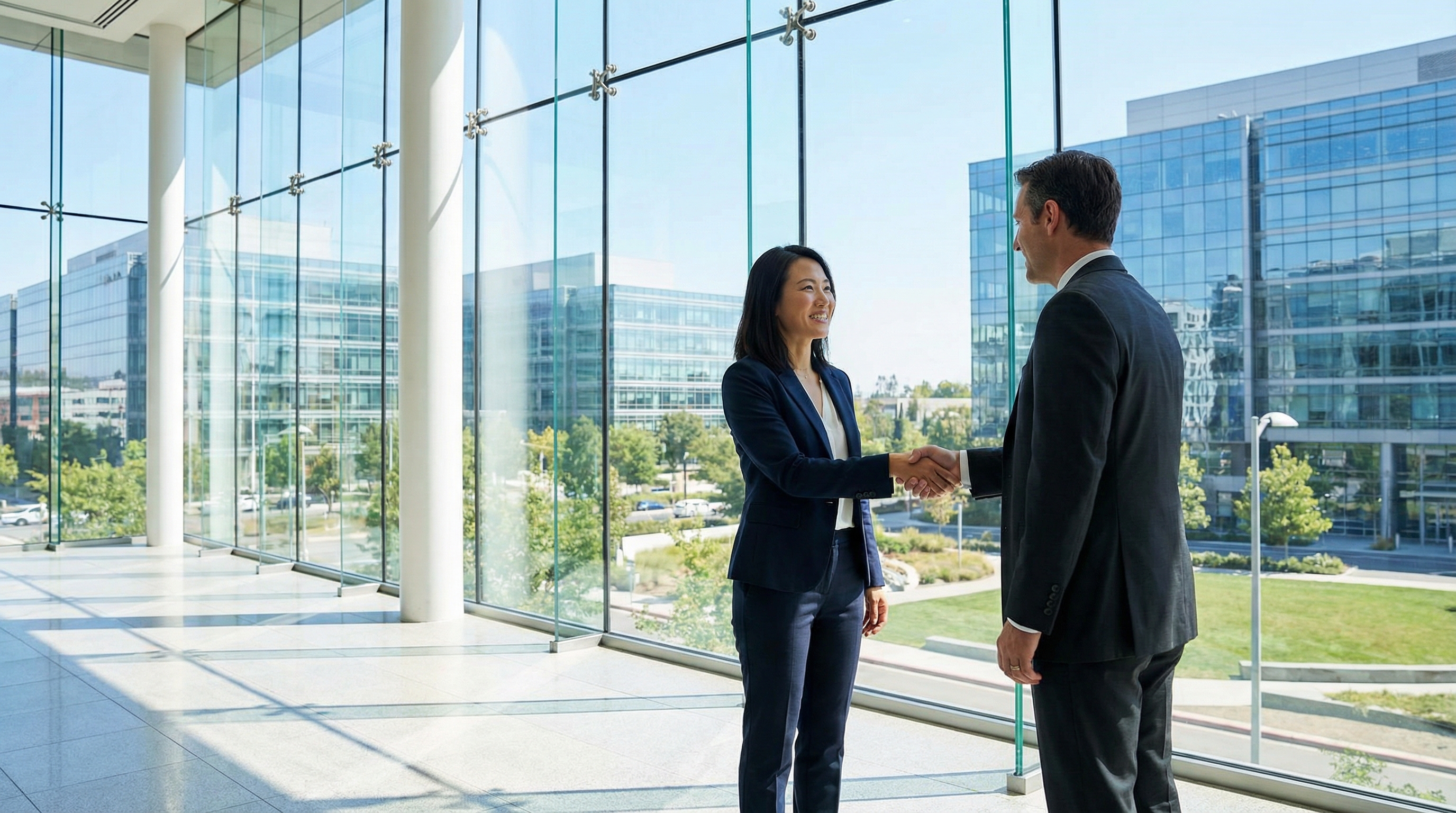 An Asian project manager shaking hands with a client in a bright office, photorealistic style