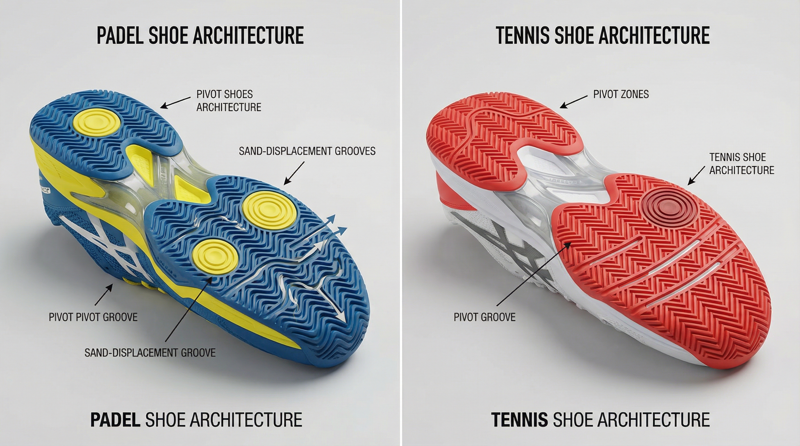 3D Infographic Comparing Padel and Tennis Shoe Sole Architecture