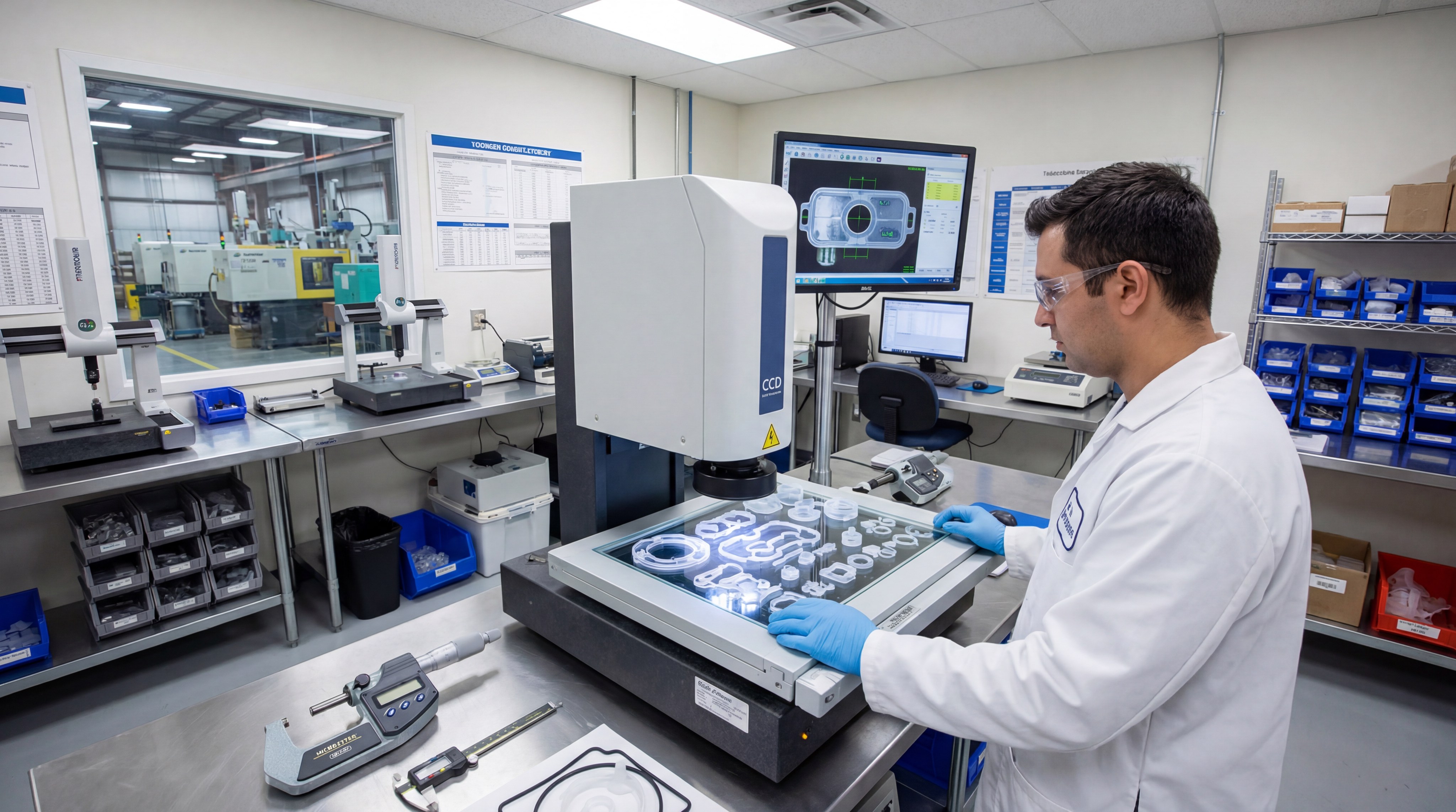 A technician in a quality control lab using a high-precision CCD visual inspection machine to measure the dimensions of various white silicone gaskets and seals.