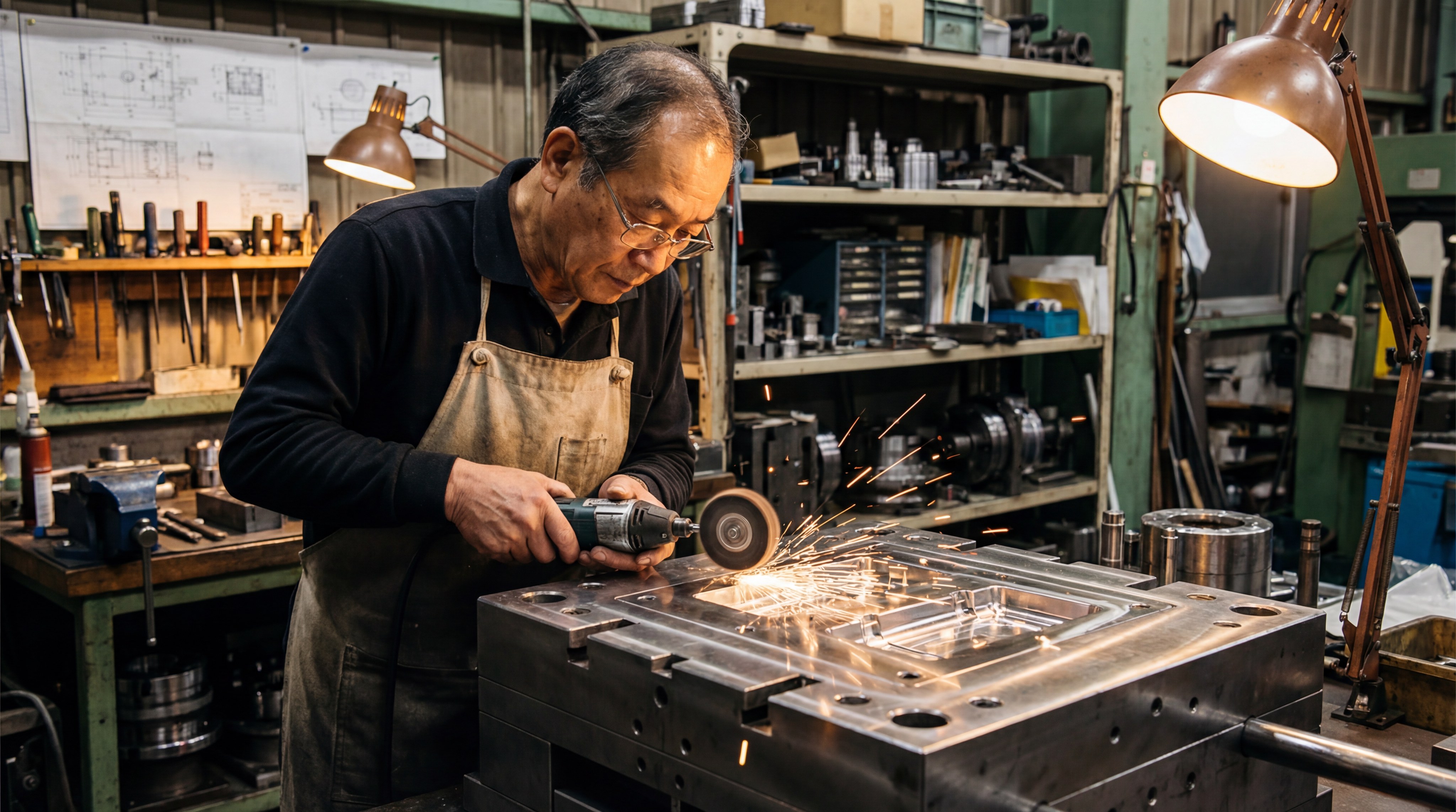 An Asian craftsman carefully polishing a steel mold to make it shiny.