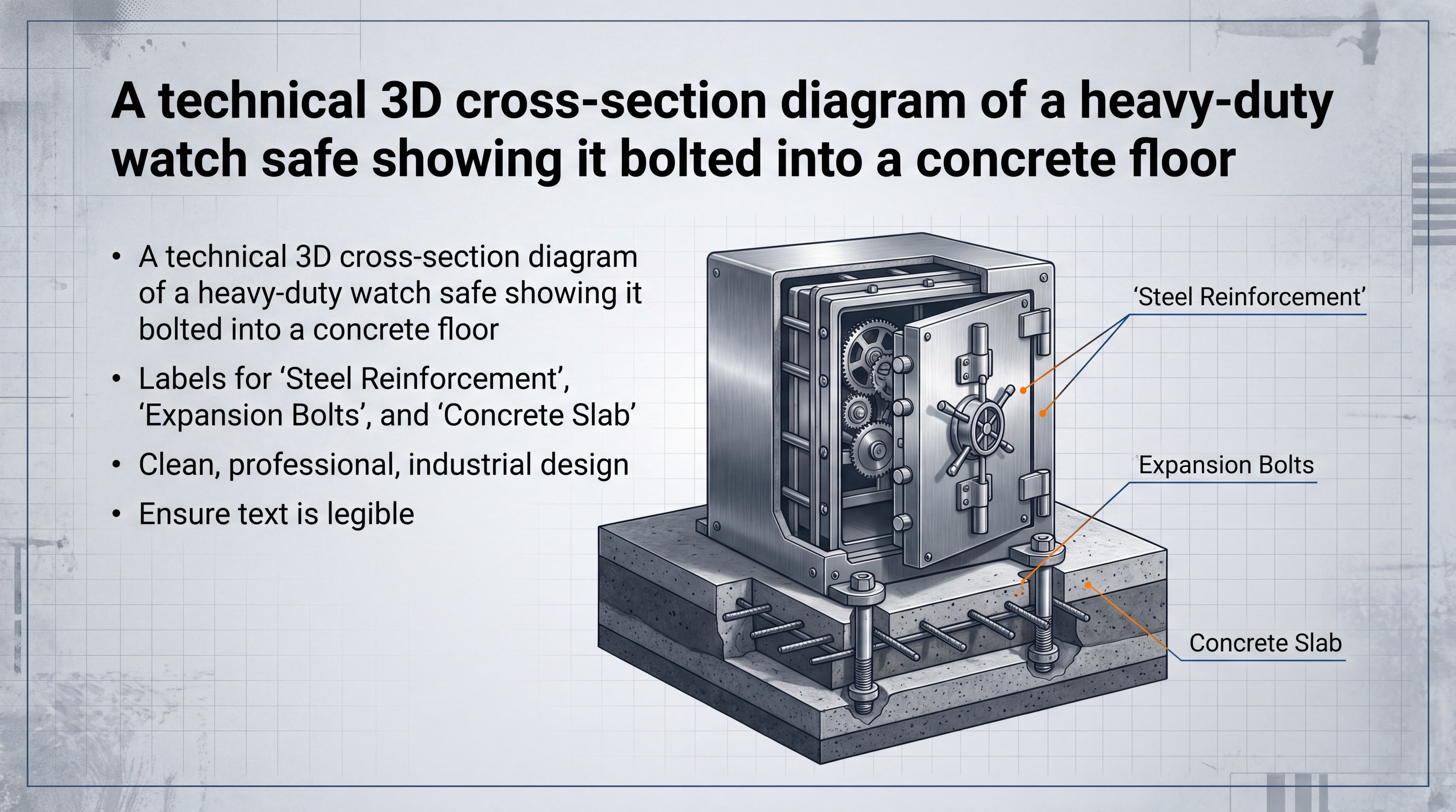 A technical 3D cross-section diagram of a heavy-duty watch safe showing it bolted into a concrete floor, labeling the steel thickness and reinforcement points