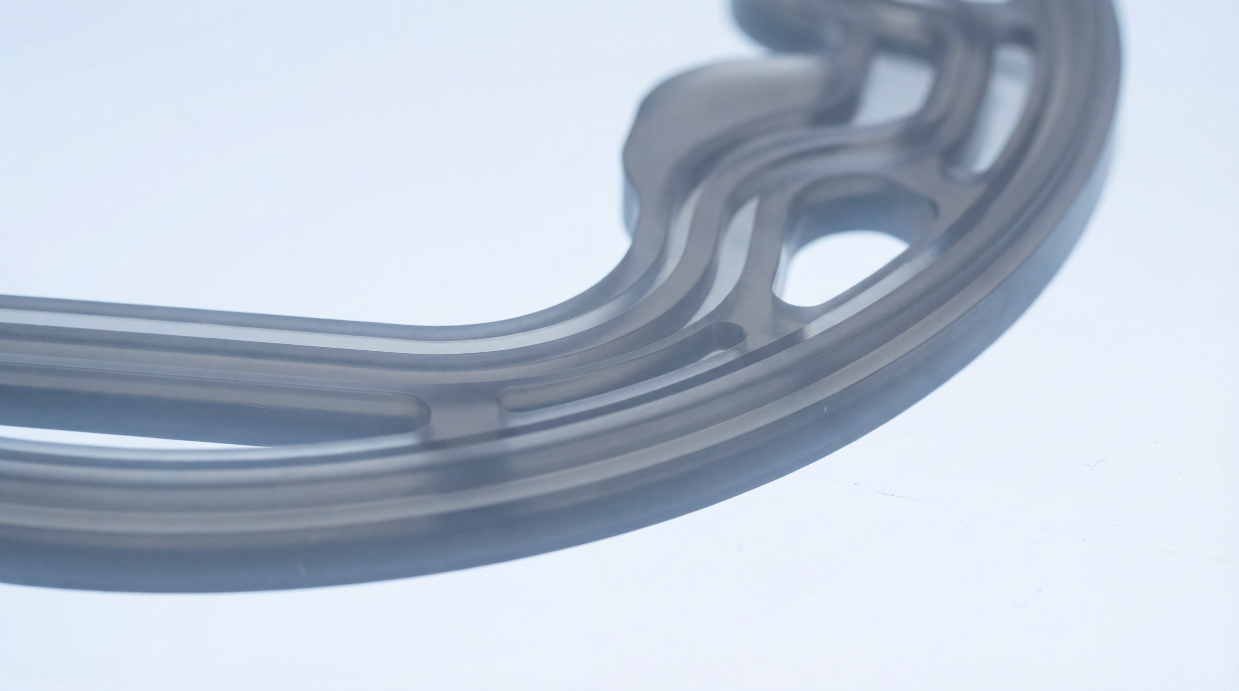 A photorealistic, extreme macro shot of a liquid silicone rubber (LSR) gasket showing a complex, multi-ribbed profile and a perfectly smooth surface finish. The lighting emphasizes the precision of the injection molding.