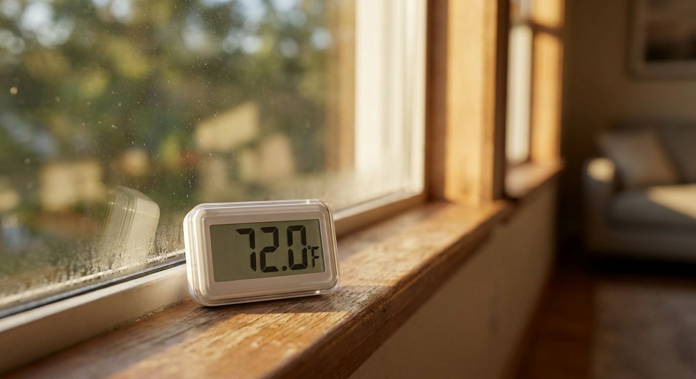 Thermometer on window in sunlight