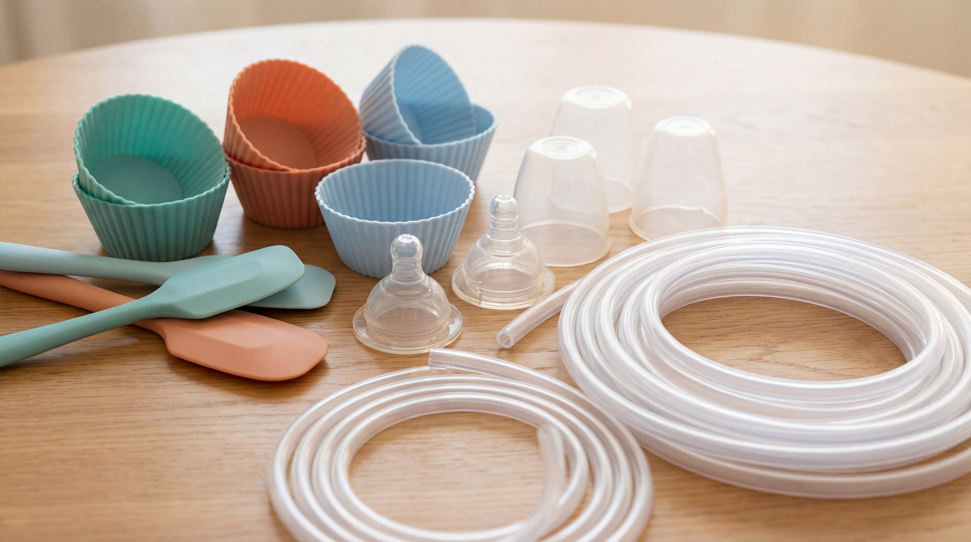 A detailed close-up shot of various food-grade silicone products on a wooden surface, including colorful cupcake liners, a soft spatula, and translucent baby bottle nipples, showing the smooth and flexible texture of the material.