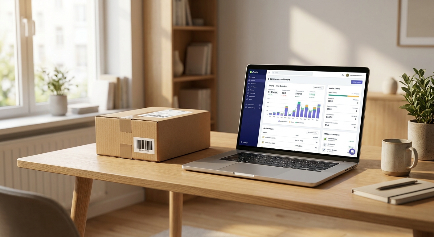 Modern Home Office with E-commerce Dashboard and Shipping Box