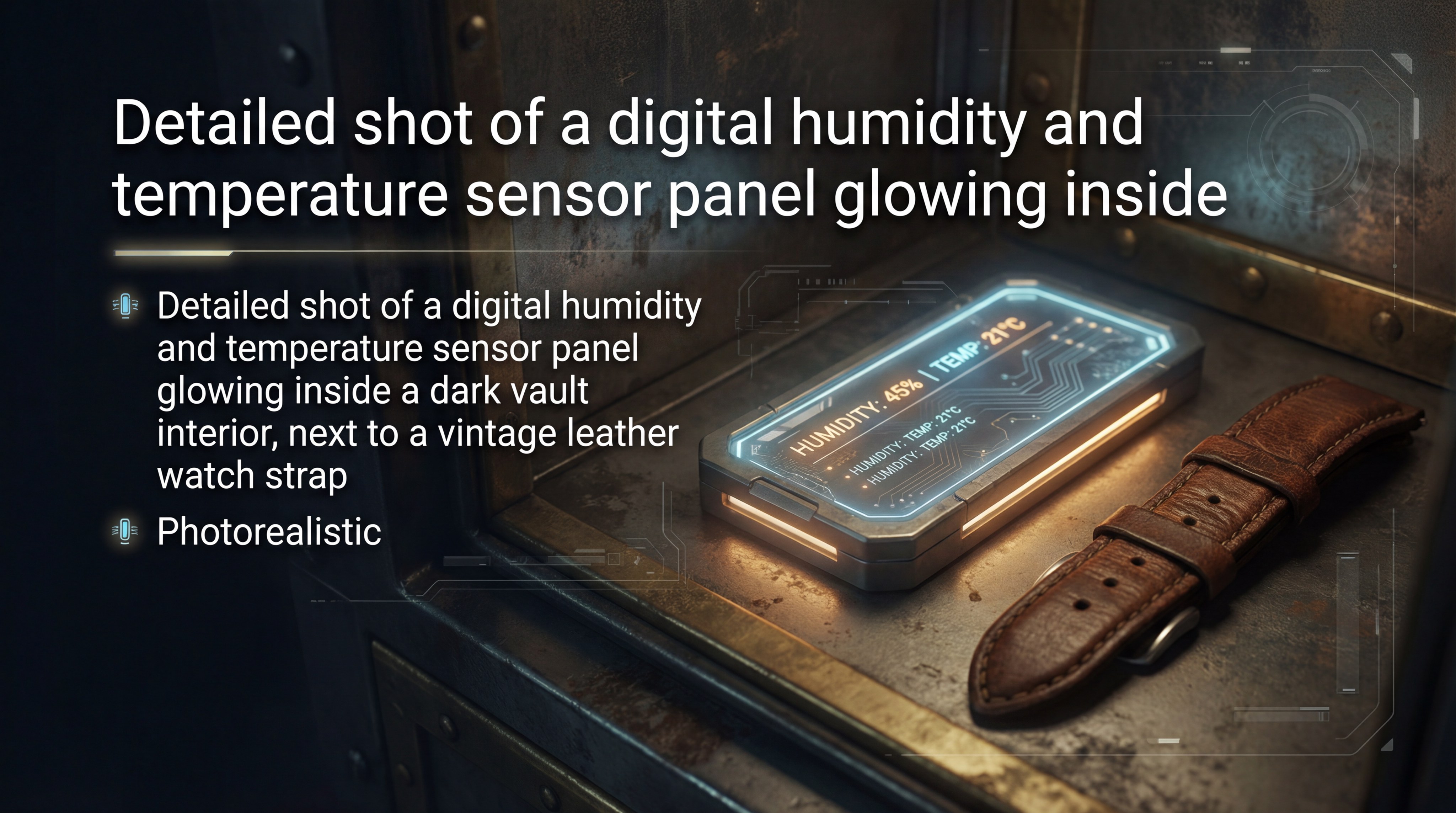 Detailed shot of a digital humidity and temperature sensor panel glowing inside a dark vault interior next to a leather watch strap