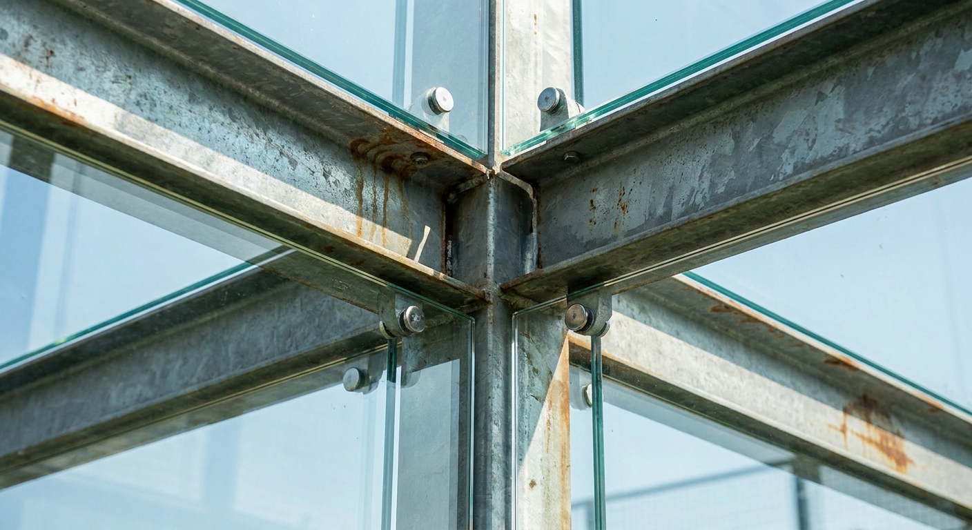 A close-up detail of hot-dip galvanized steel beams and safety glass bolts, showing the industrial durability of the structure.