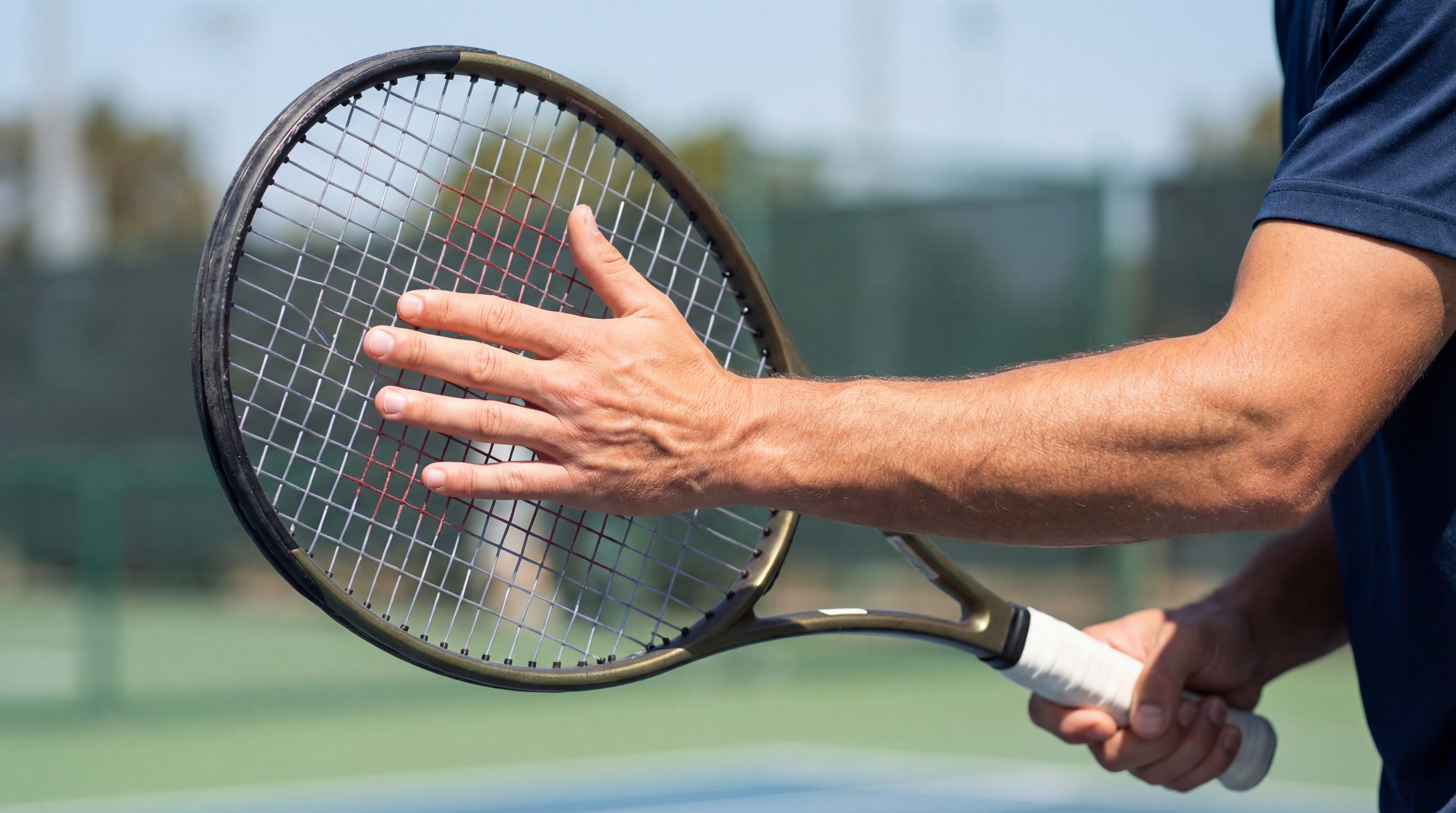 A player performing a "tap test" on a racket to check for vibrations and sound resonance