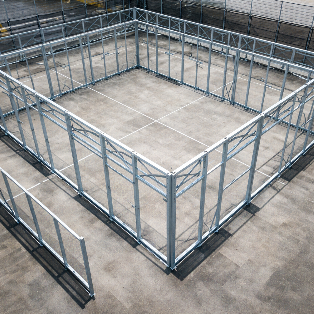 Photorealistic close-up of a galvanized steel corner pillar and high-tensile mesh fencing on a padel x court