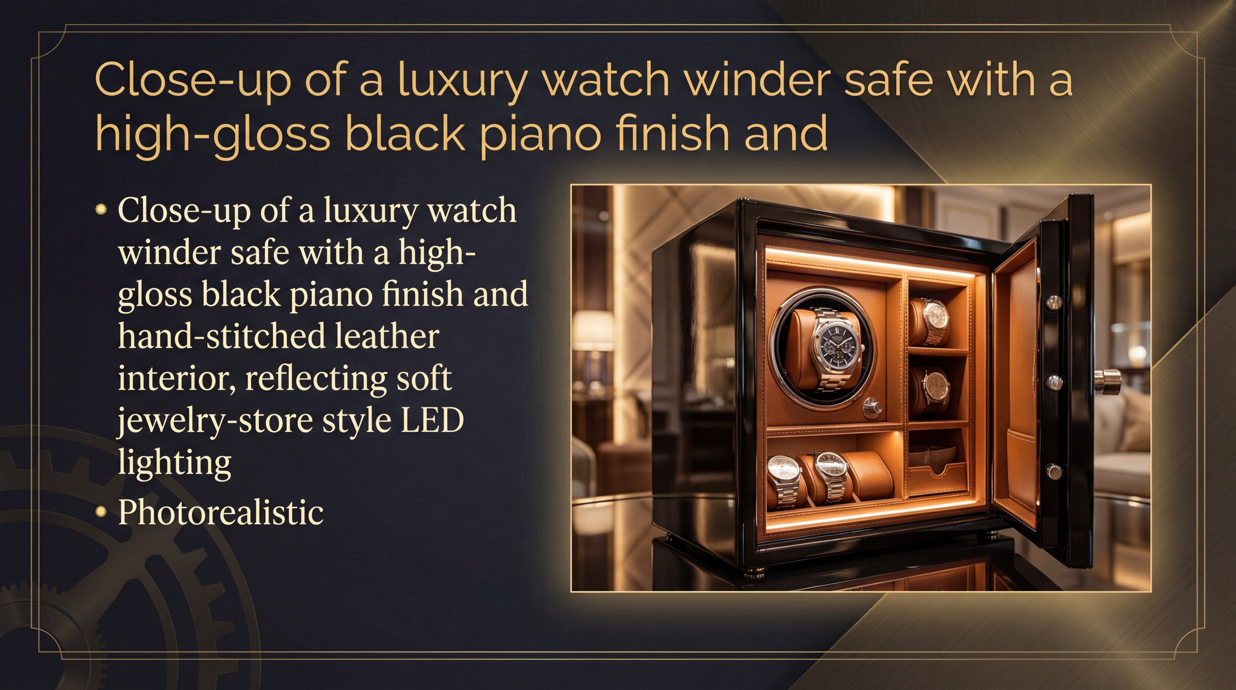 Close-up of a luxury watch winder safe with a high-gloss black piano finish and hand-stitched leather interior with soft LED lighting