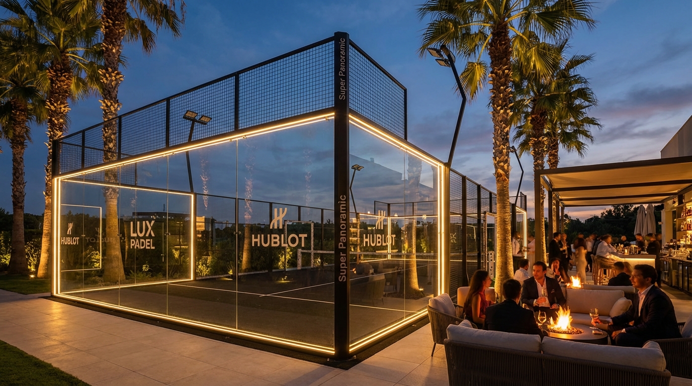 Luxury Super Panoramic padel court glowing under LED lights in an evening setting