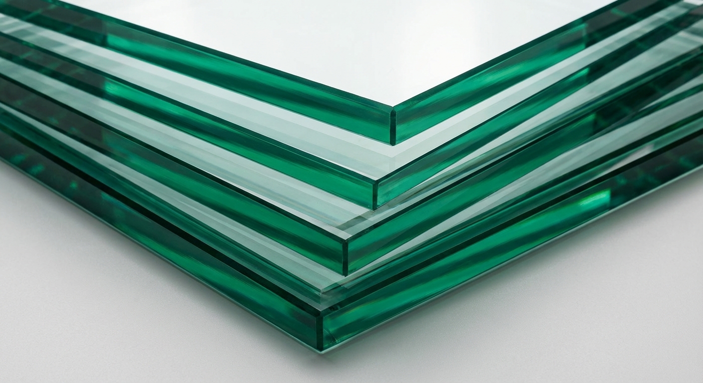 Close-up photorealistic shot of stacked clear glass panels showing a deep emerald green tint on the polished edges