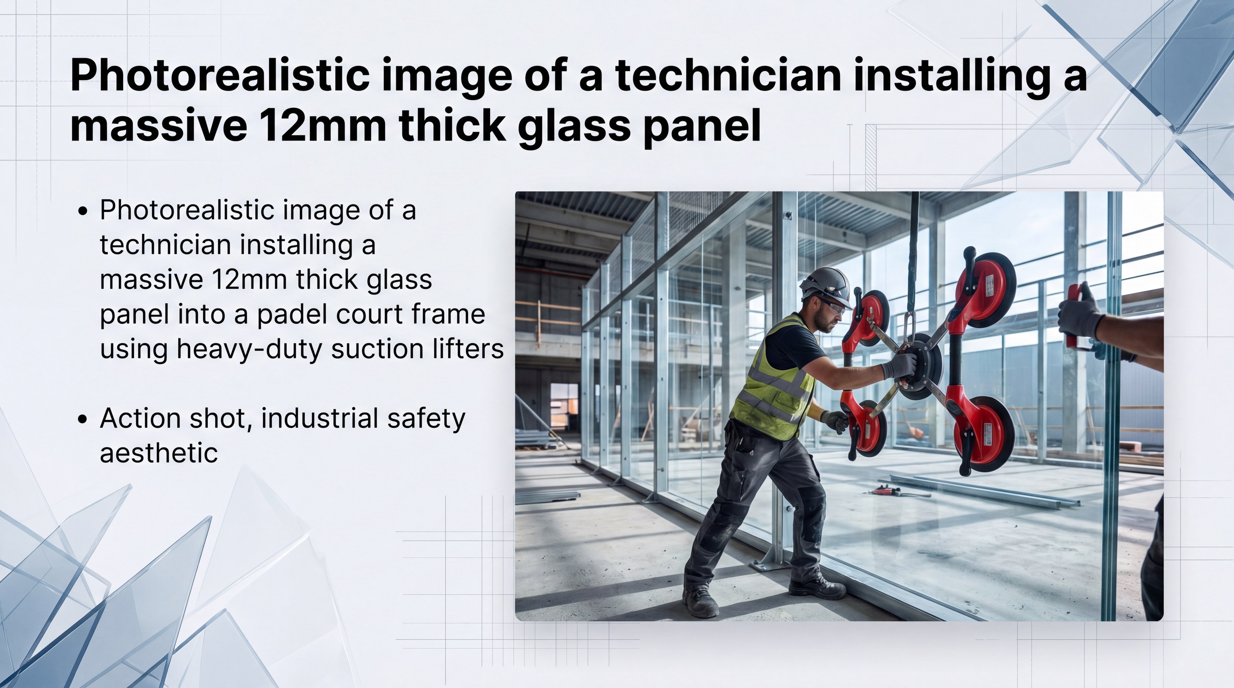Photorealistic image of a technician installing a massive 12mm thick glass panel into a padel court frame