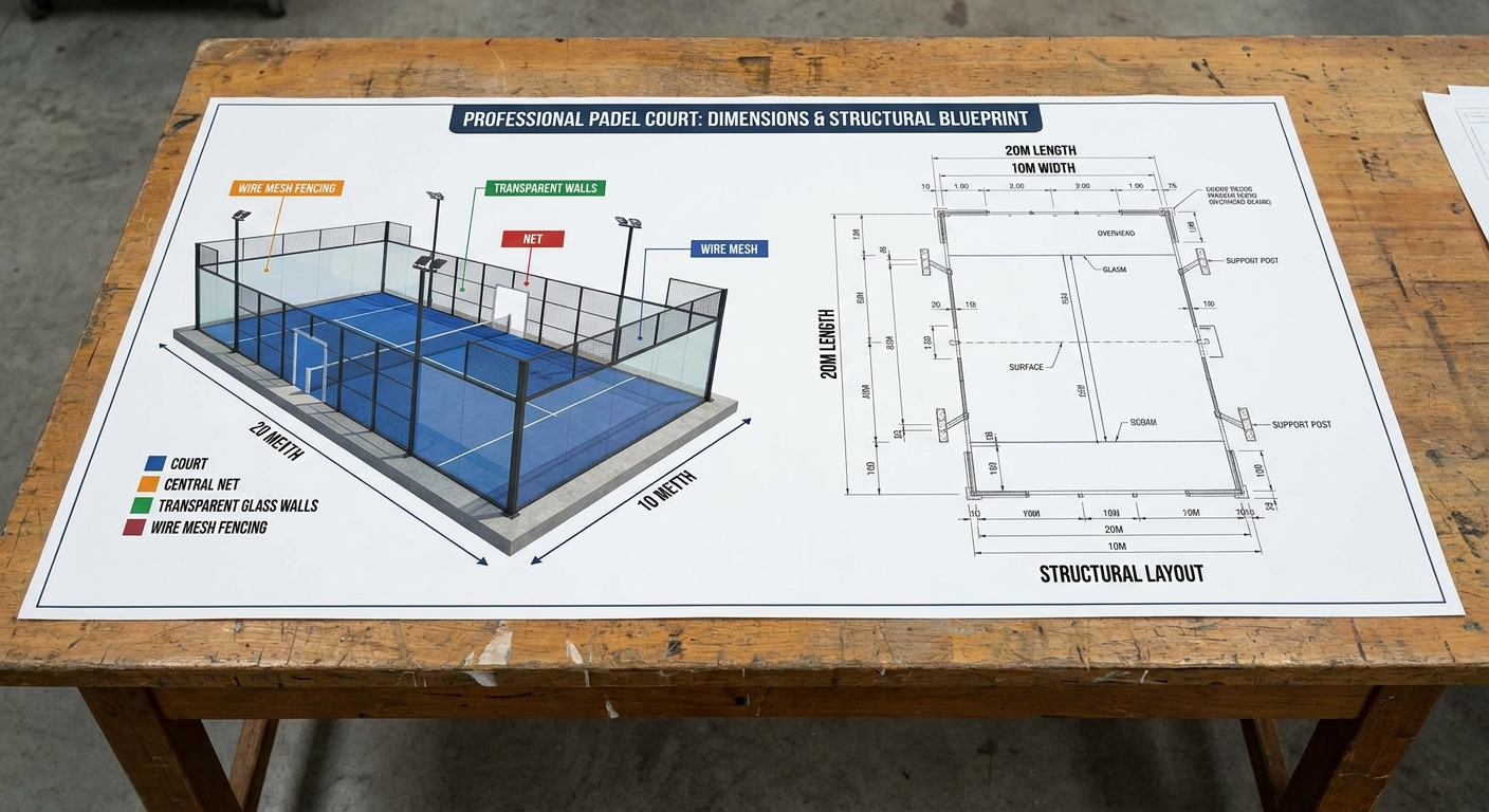 A professional blueprint layout on a wooden table showing the 20m x 10m playing area and structural safety zones.
