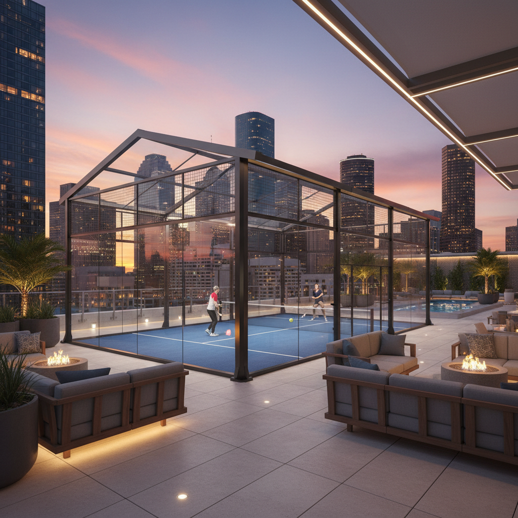 A luxury hotel rooftop in Houston featuring a sleek, roofed padel court. The city skyline is visible through the transparent side walls, with modern lounge seating arranged nearby for spectators.