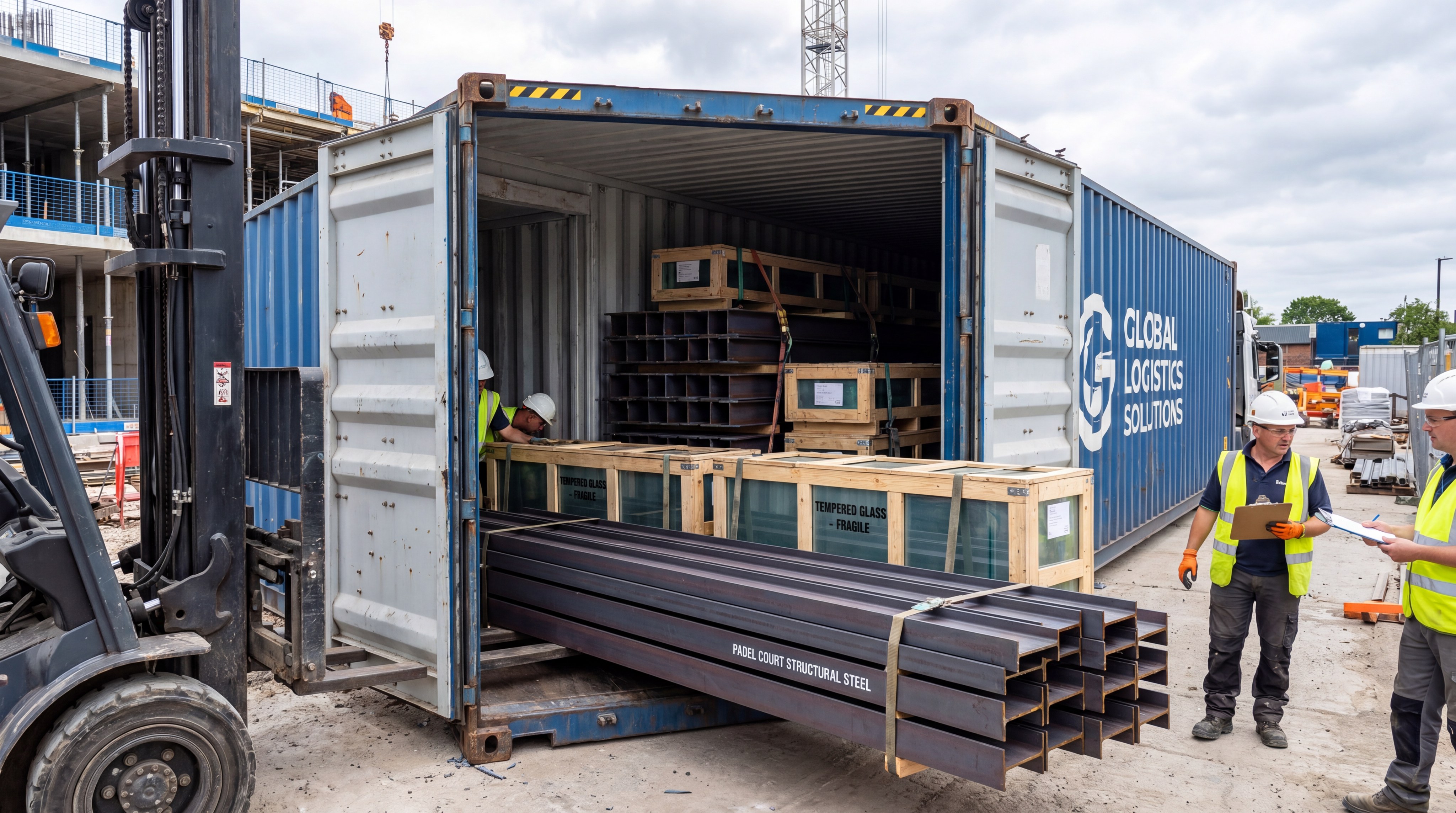Workers unloading padel court components from a shipping container