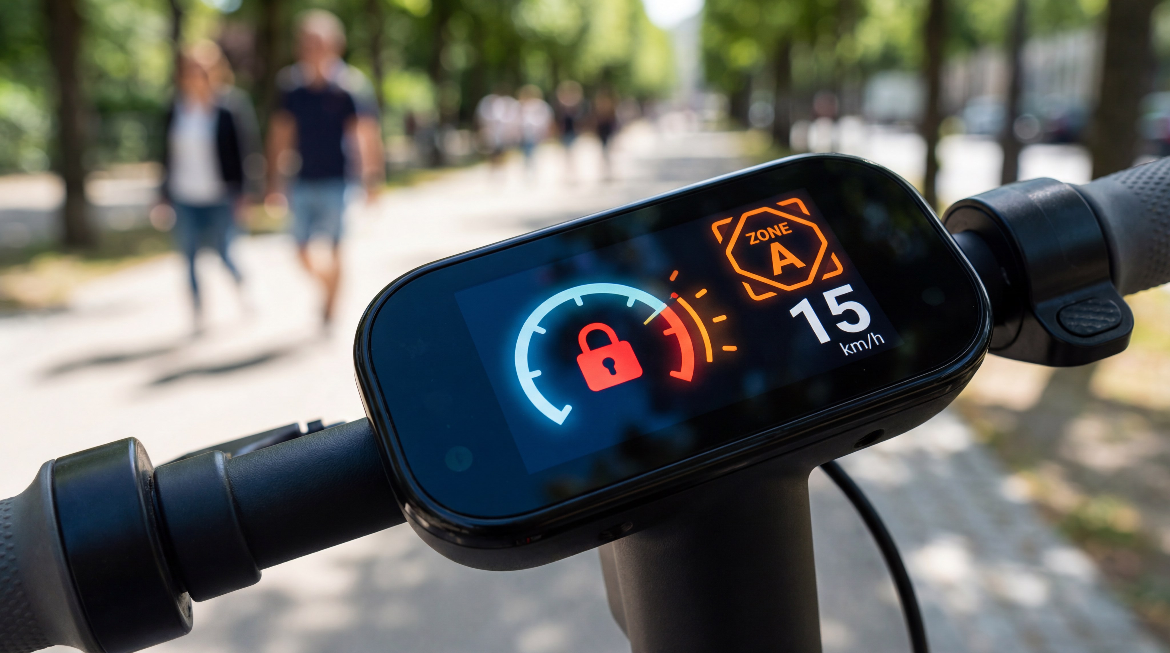 Scooter dashboard showing speed restriction
