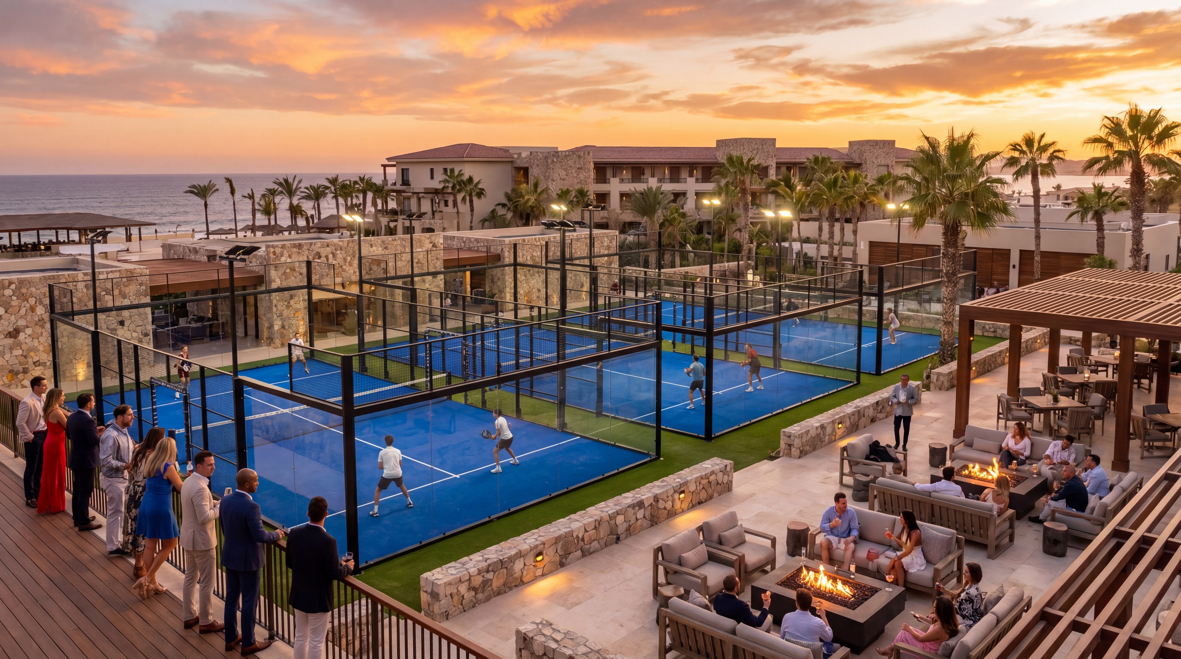 luxury resort padel facility at sunset