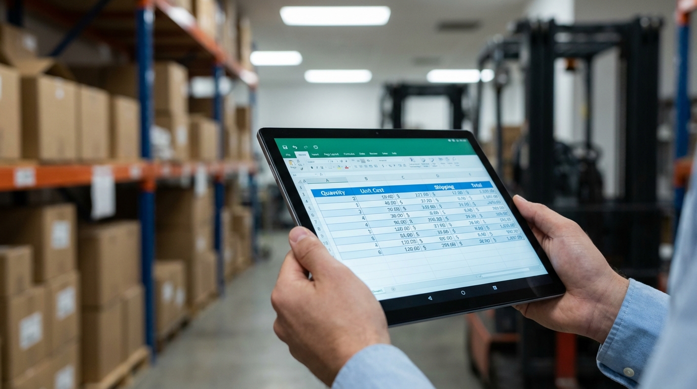 A tablet screen showing a detailed pricing spreadsheet with clear columns for quantity, unit cost, and shipping, held by a professional in a warehouse.