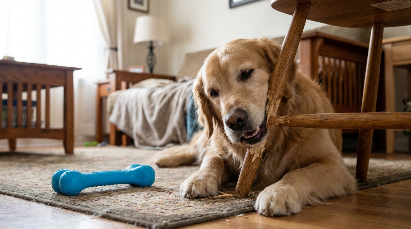 bored dog furniture chewing scene