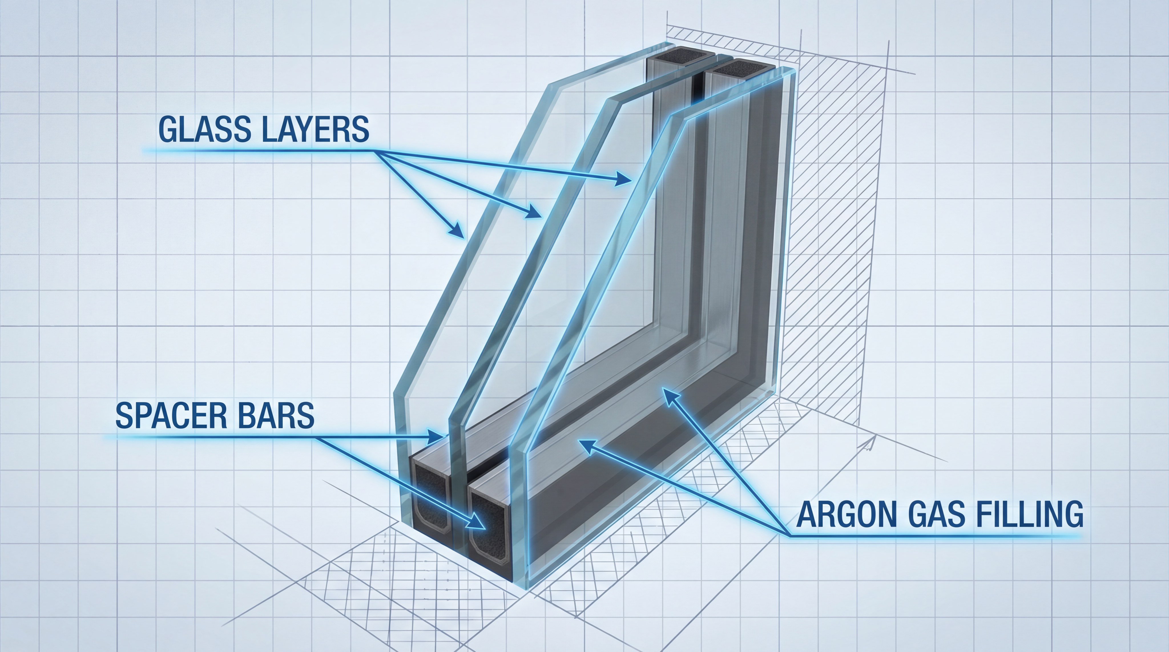 technical diagram of a triple-pane insulated glass unit
