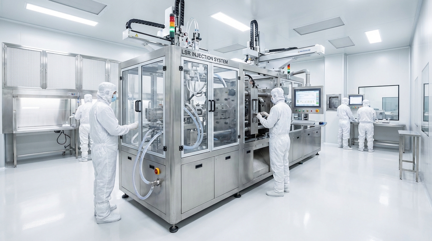 Advanced LSR injection molding system operating in a sterile cleanroom environment for high-precision components