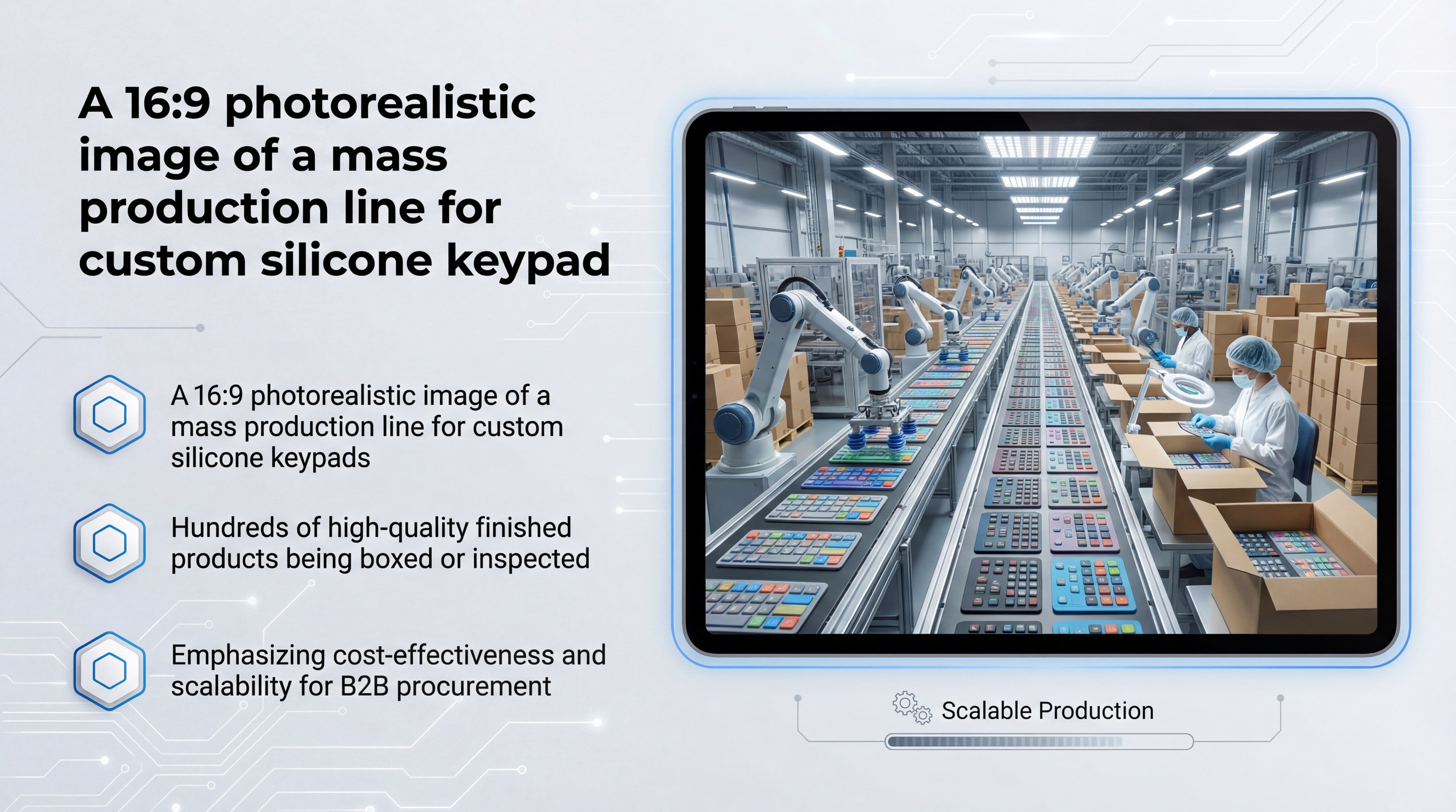 A 16:9 photorealistic image of a mass production line for custom silicone keypads with hundreds of products being inspected.