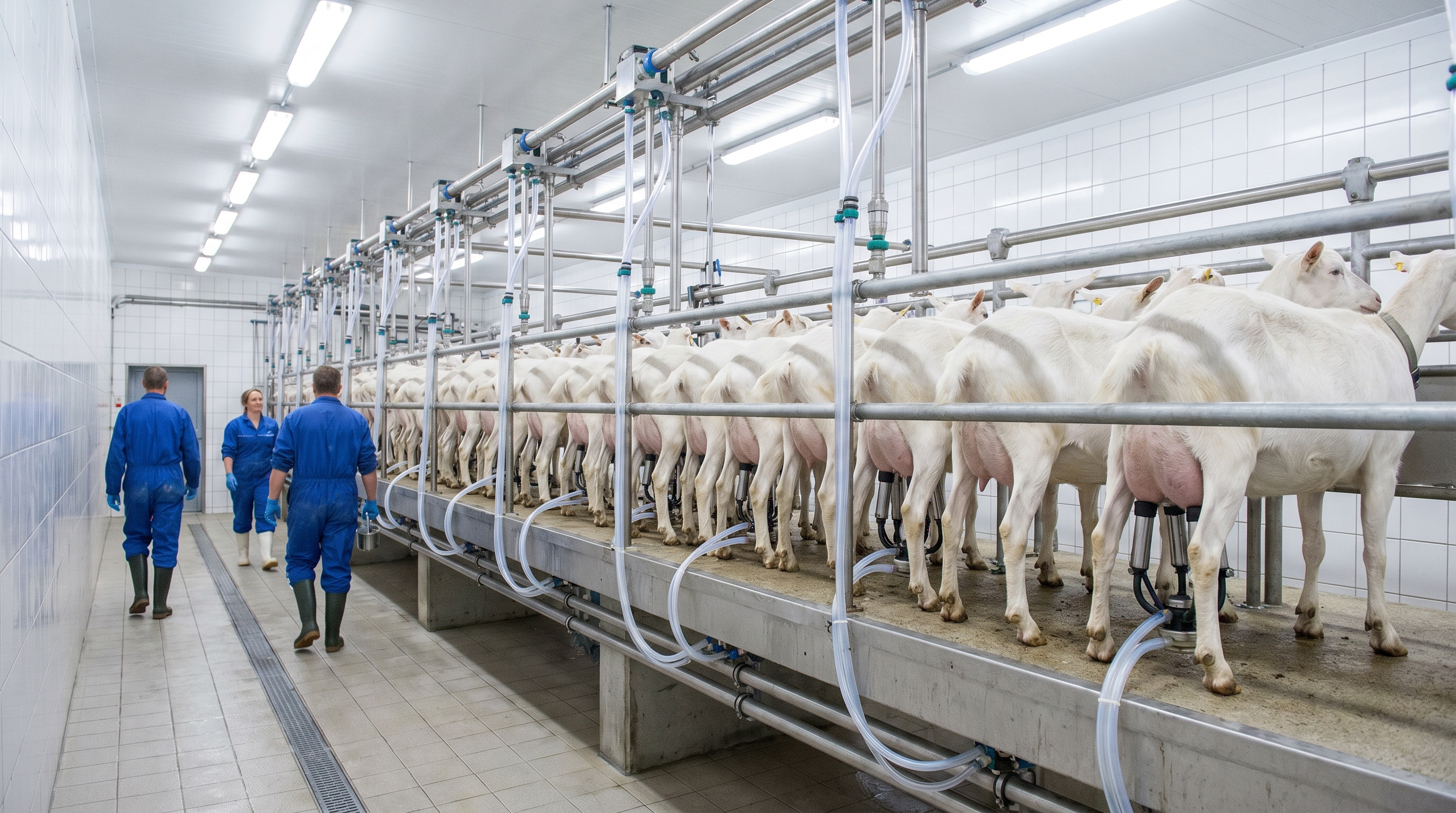 "Indoor dairy farm with goats lined up in milking stations, automated milking tubes, and workers in blue uniforms."