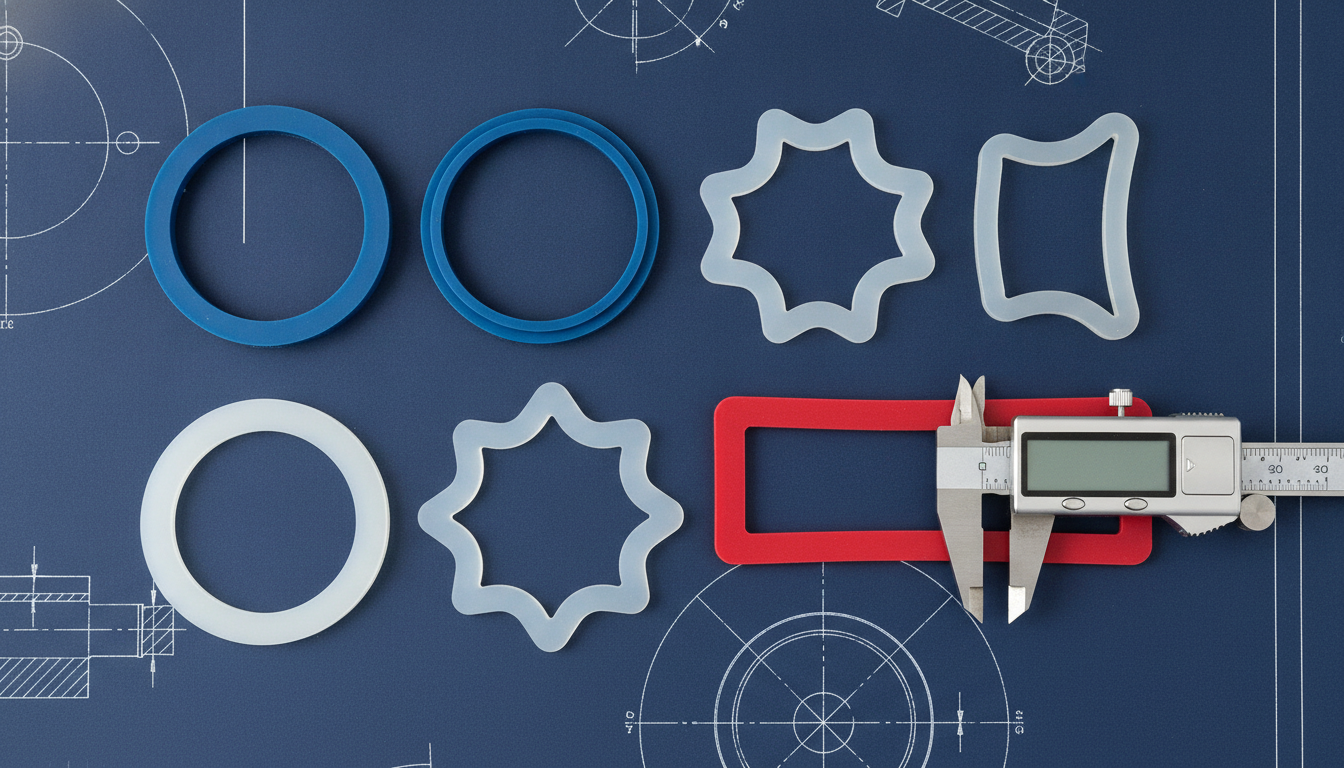 Custom molded silicone gaskets arranged on technical blue blueprint