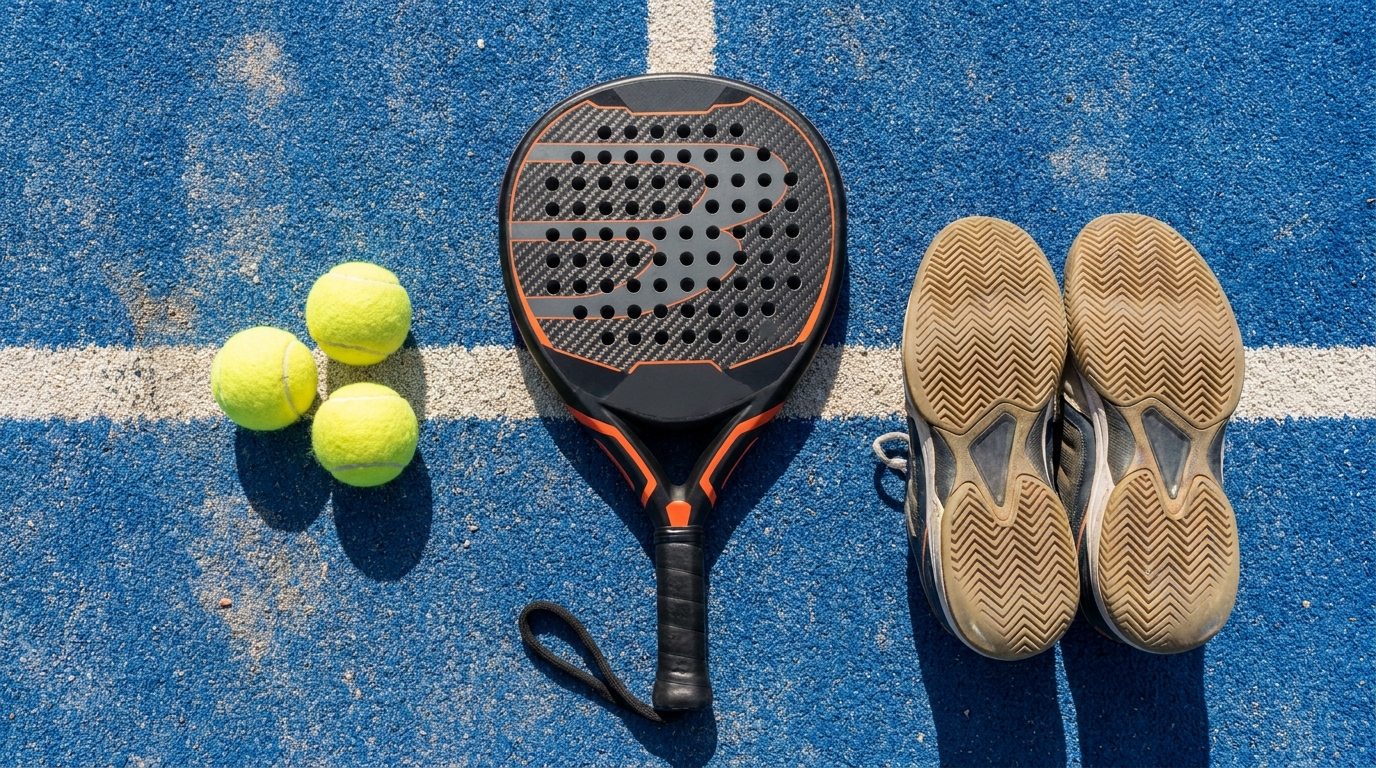 Padel racquet, balls, and shoes flat lay