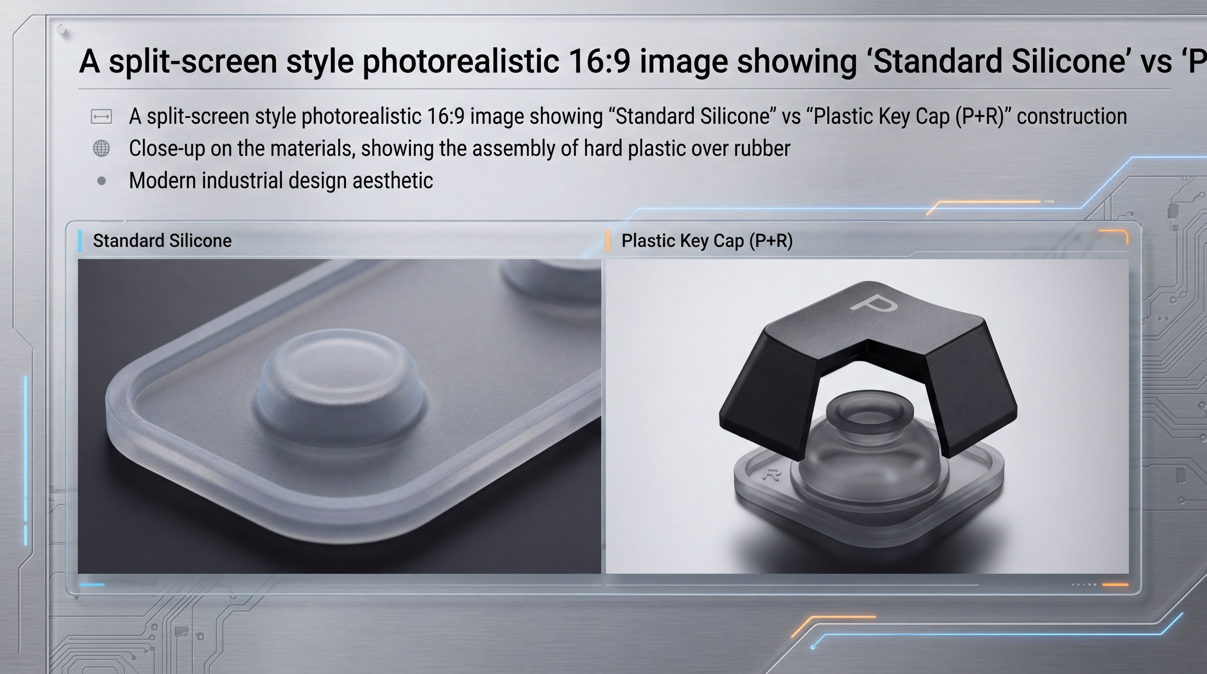 A split-screen style photorealistic 16:9 image showing "Standard Silicone" vs "Plastic Key Cap (P+R)" construction.