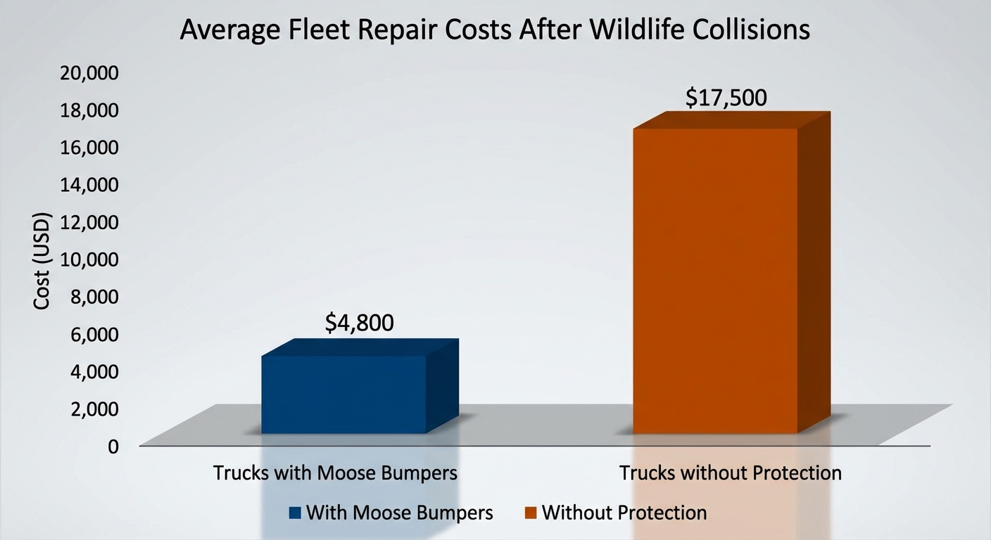 3D bar chart comparing Average Fleet Repair Costs for trucks with moose bumpers versus those without