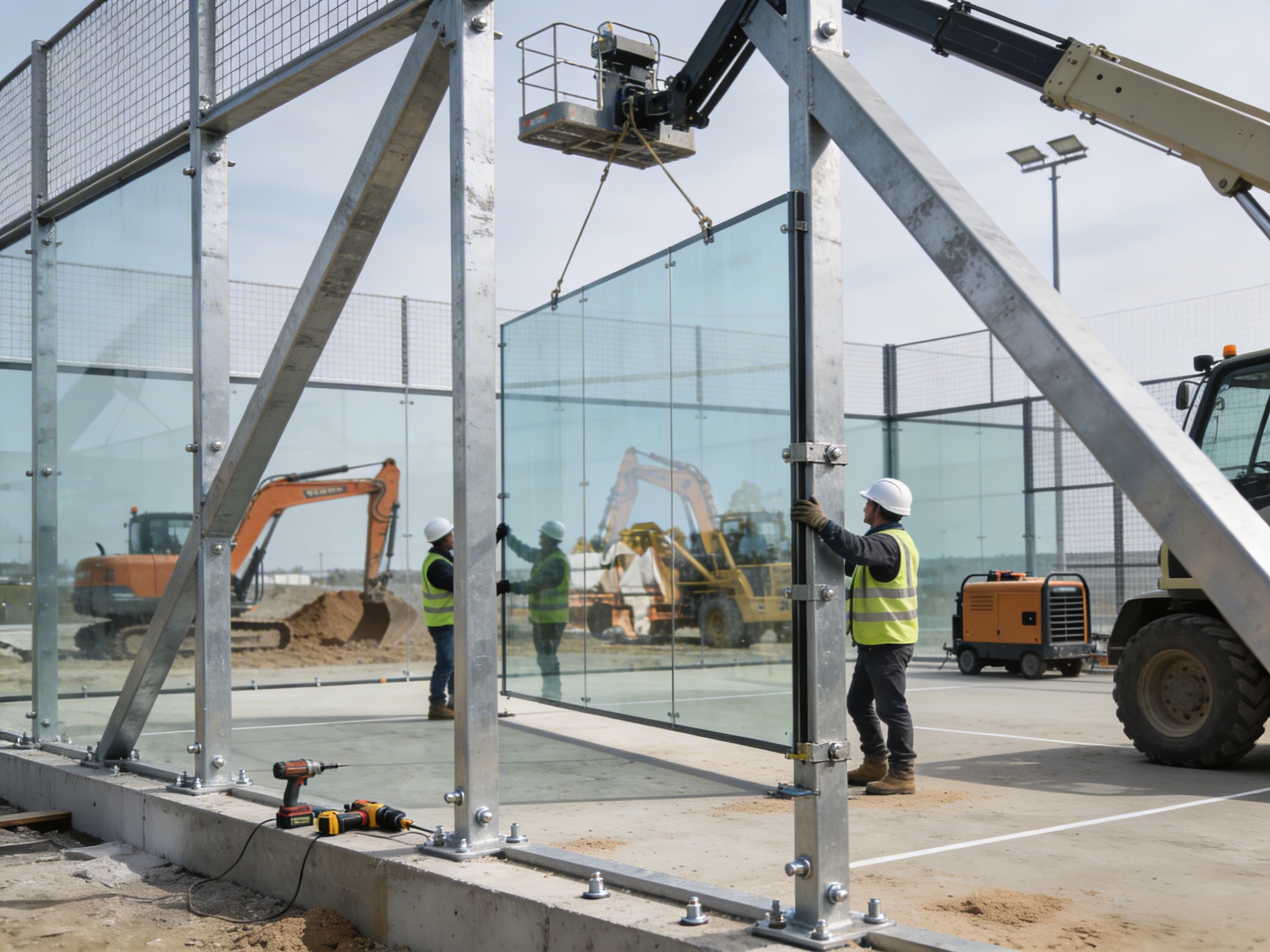 Professional construction crew installing a large glass panel into a steel padel frame