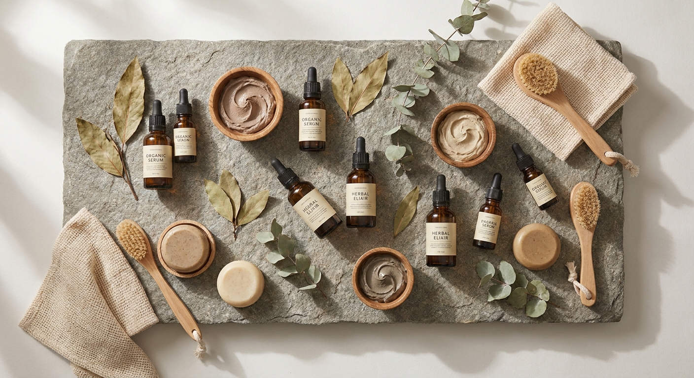 Minimalist flat lay of organic cosmetics and natural skincare products