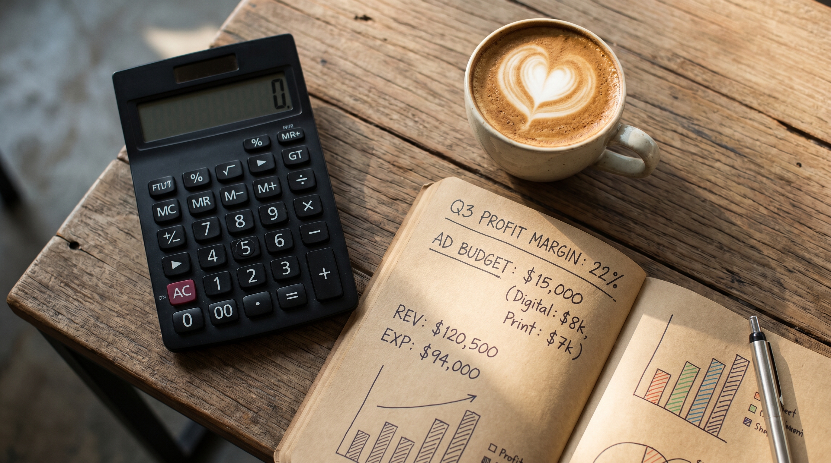Financial planning ledger with retro calculator on wooden desk
