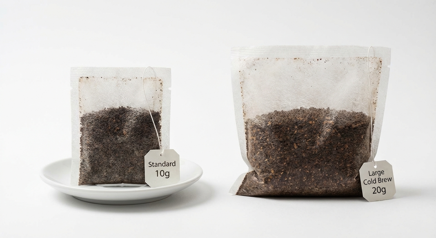 Image Description: A side-by-side visual comparison of a standard 10g drip coffee bag and a significantly larger 20g cold brew filter bag, highlighting the increased capacity and material density.