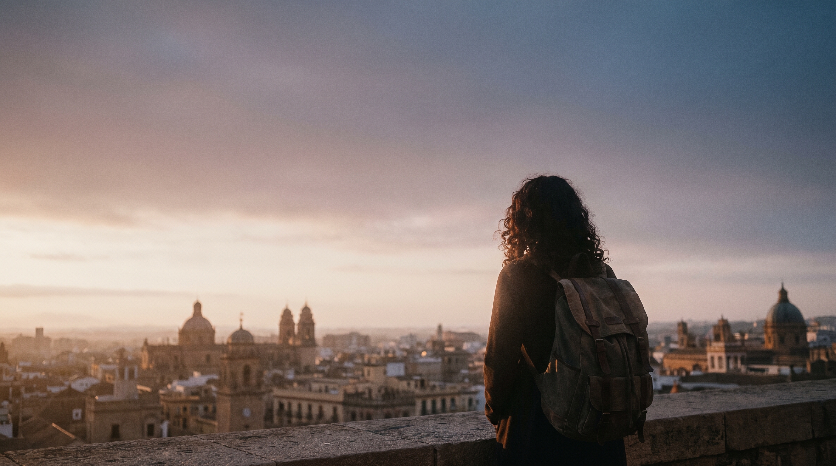Estudiante en el extranjero contemplando el amanecer en una ciudad histórica