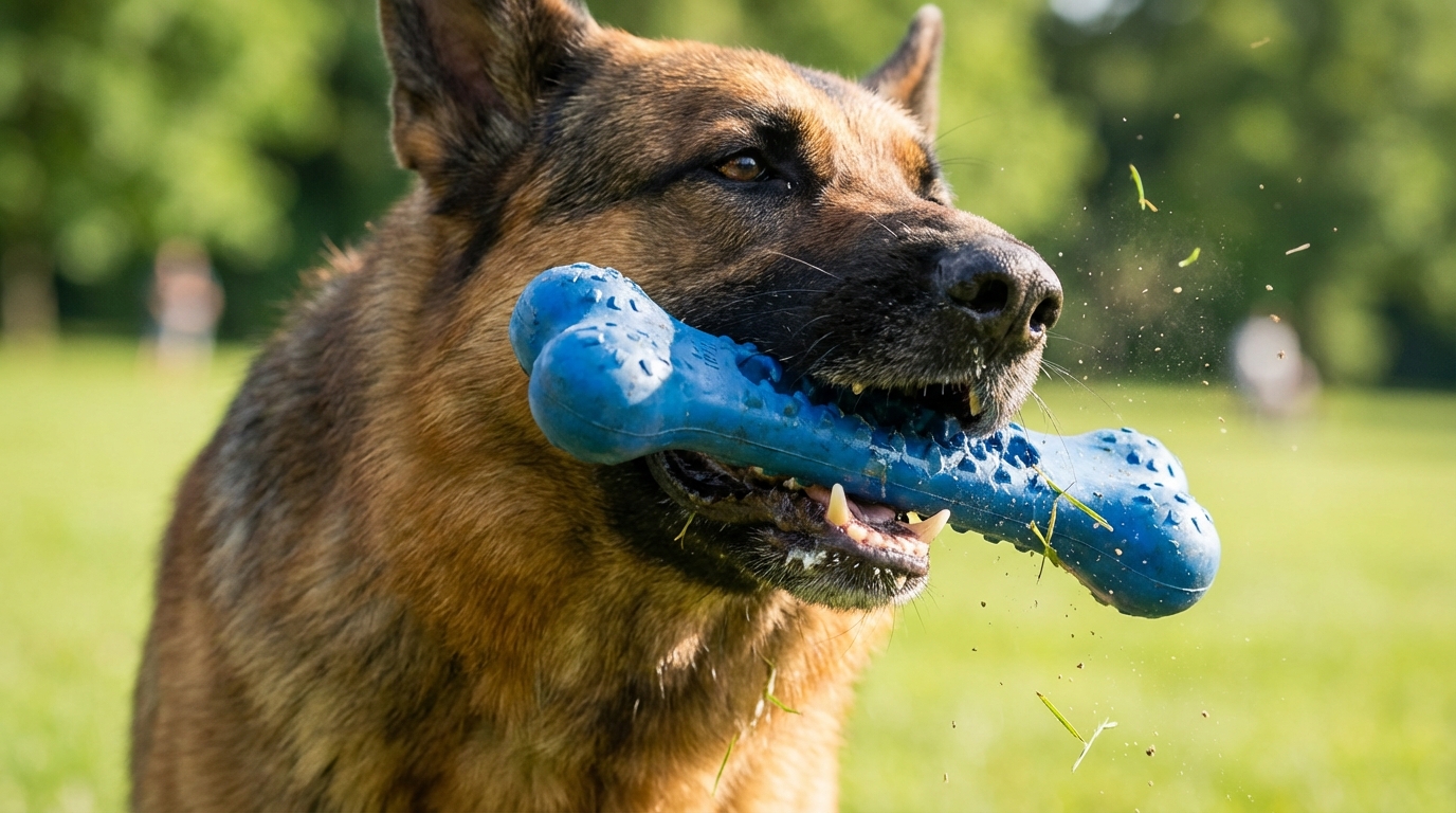 dog chewing silicone bone action shot