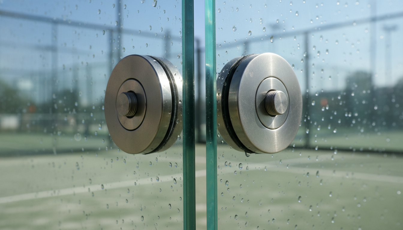 A close-up of a high-quality glass-to-glass connection on a panoramic padel court, showing heavy-duty fixings and 12mm tempered glass.