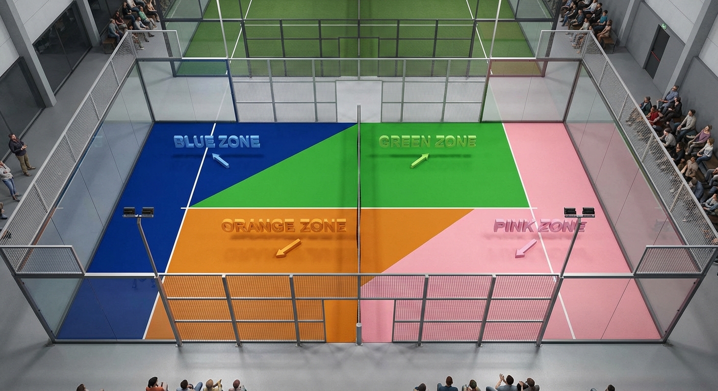 A top-down 3D diagram of a padel court color-coded into four zones