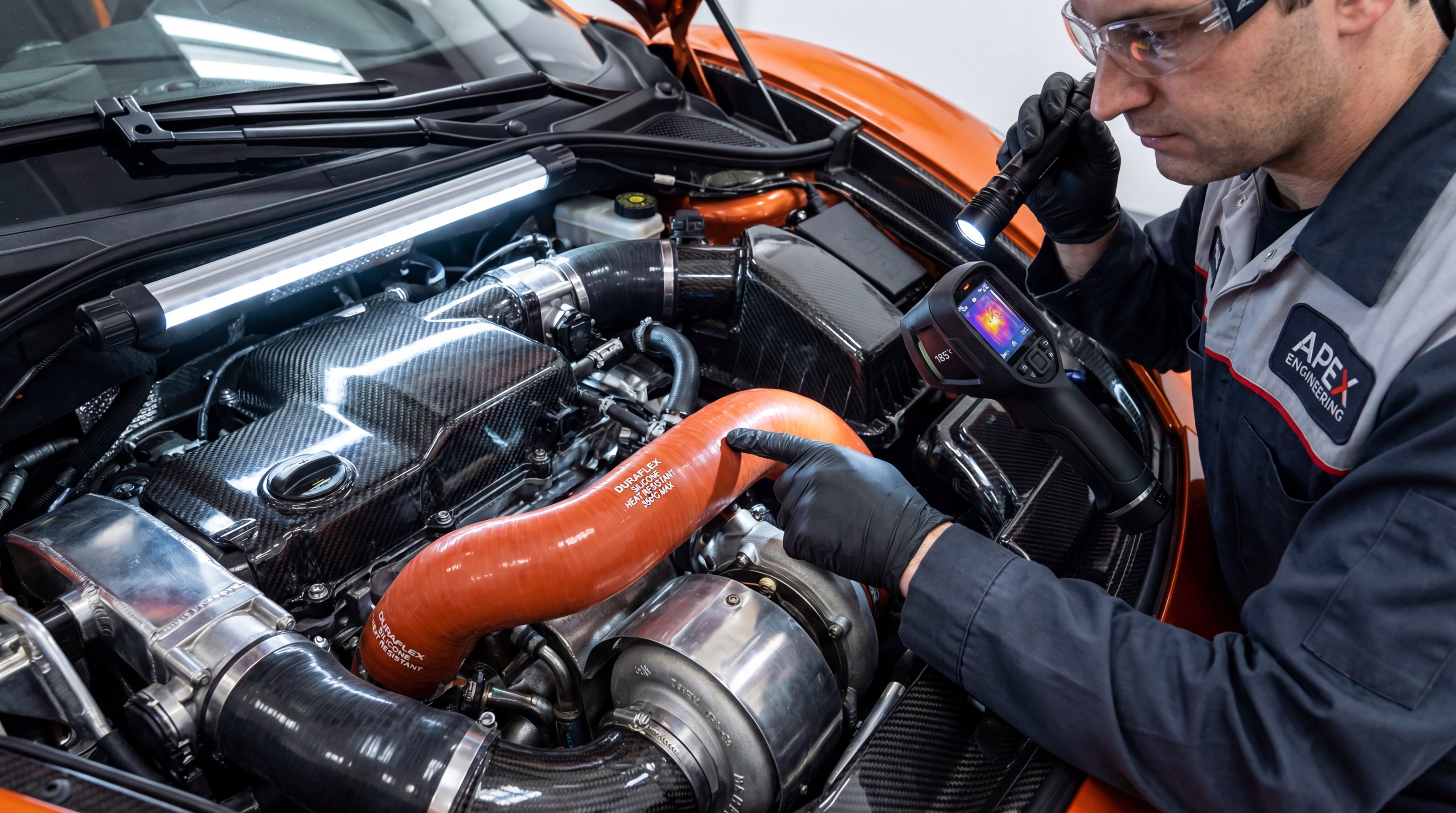 An automotive engineer inspecting a high-durability silicone coolant hose in a performance engine