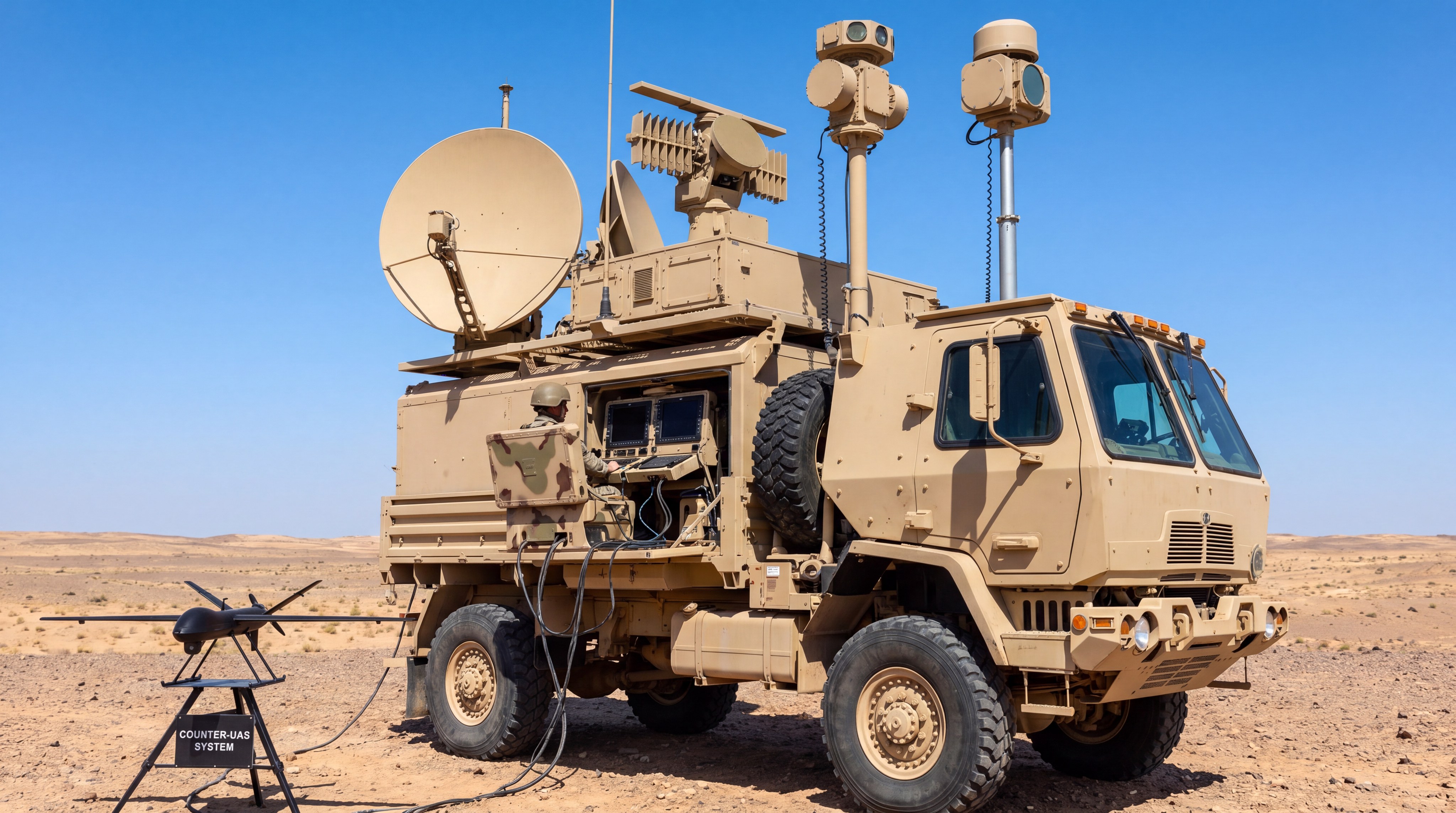 A vehicle-mounted electronic warfare system deployed in a desert environment for large-scale drone jamming.