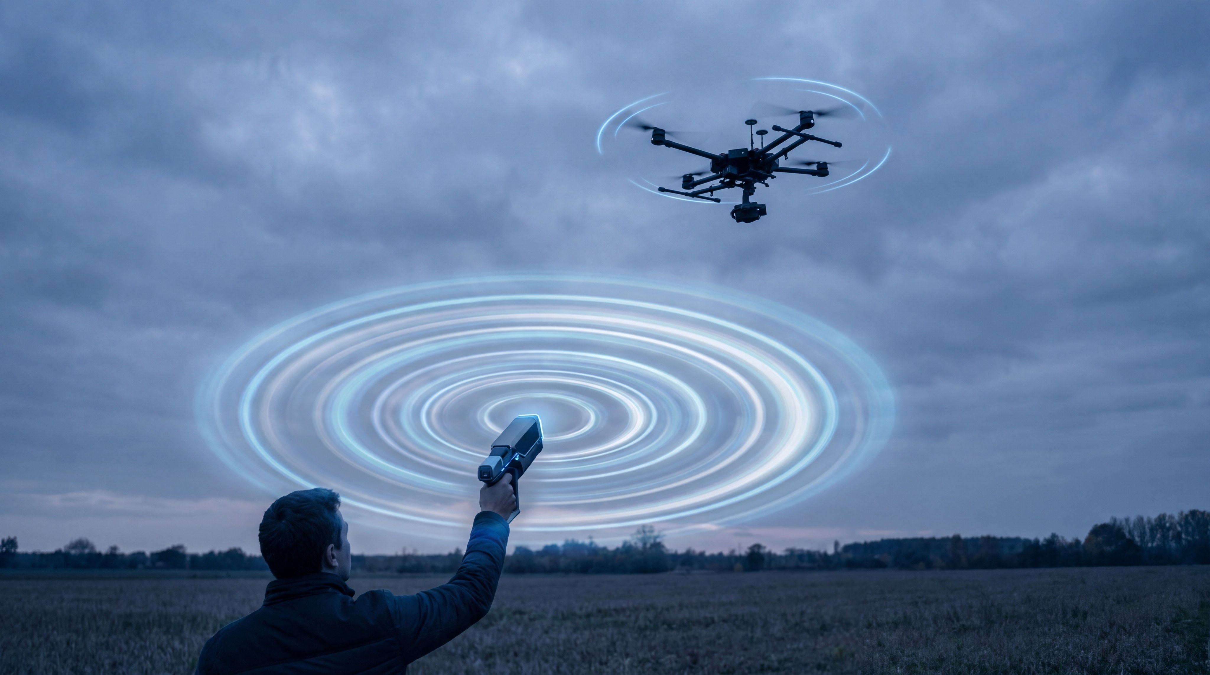 Visualization of high-power RF waves being directed from a handheld jammer toward a drone