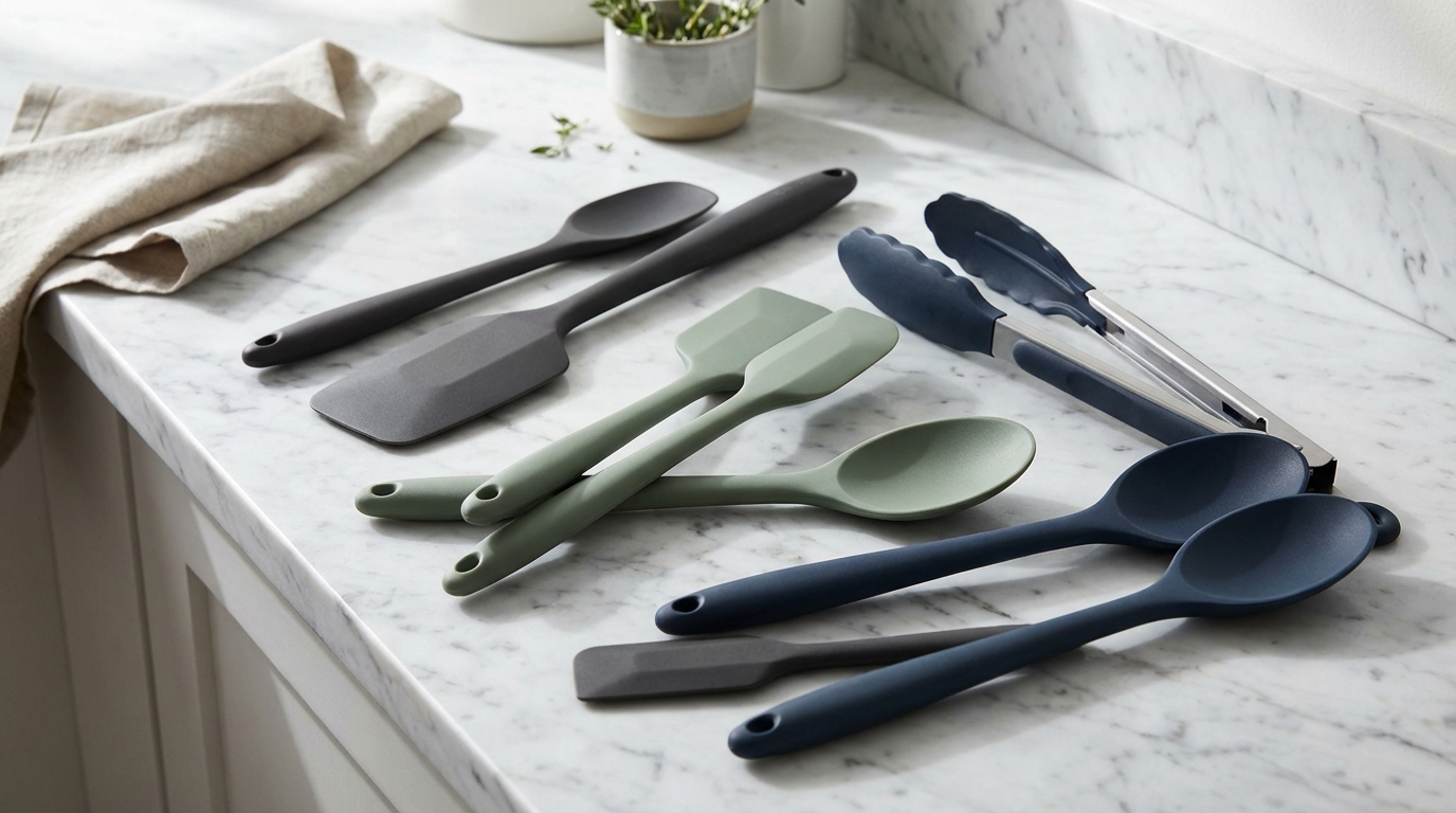 Food-Grade Silicone Kitchen Utensils on Marble Counter