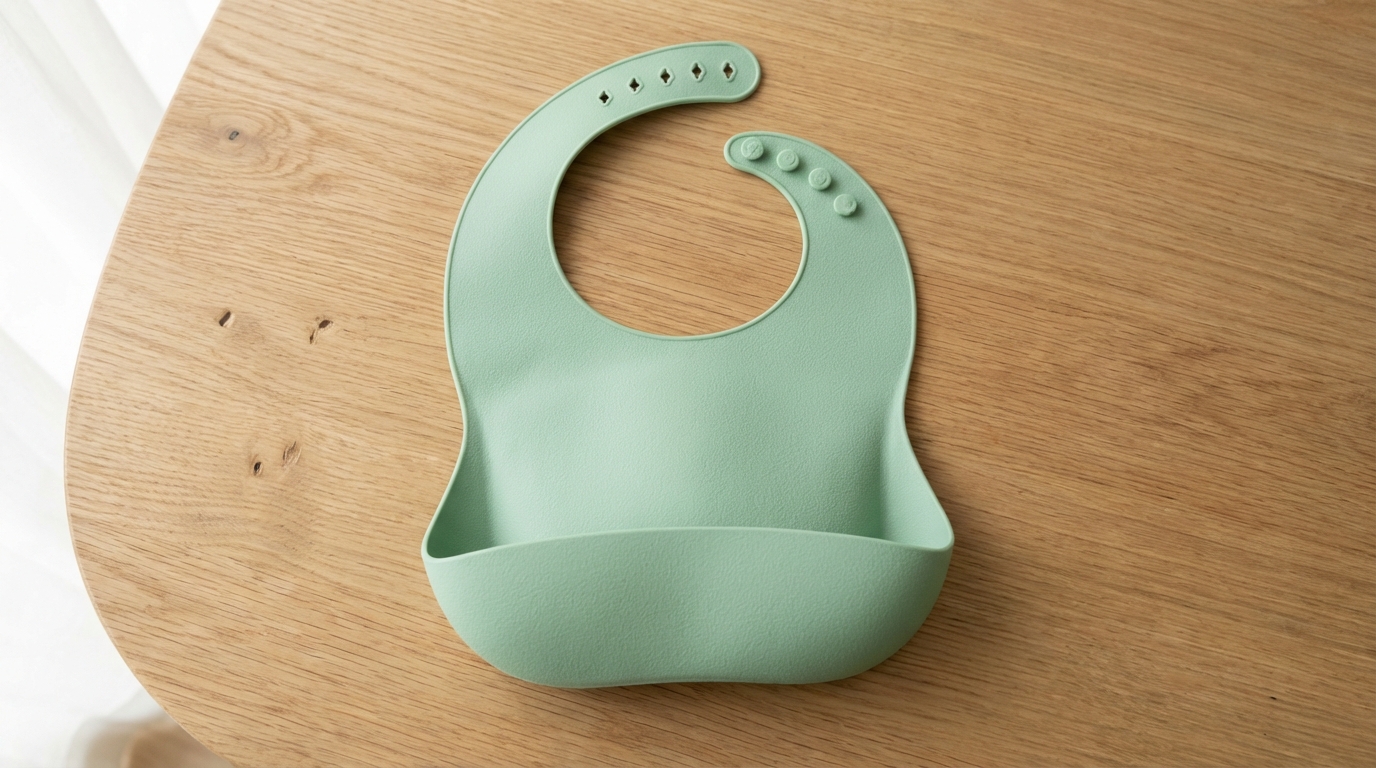 Pastel green silicone bib on wooden table