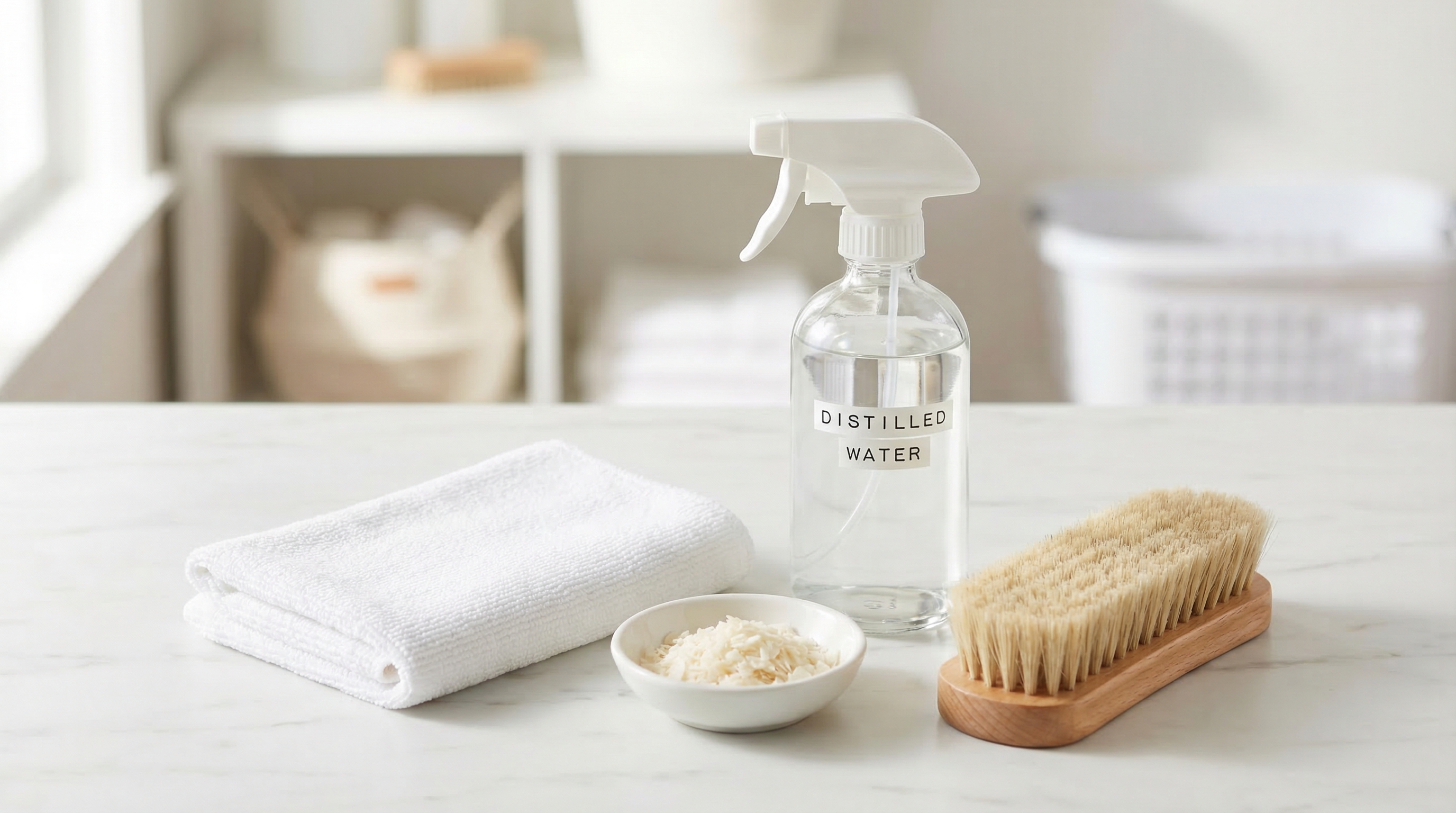 A flat-lay of essential satin cleaning supplies including microfiber cloths and distilled water
