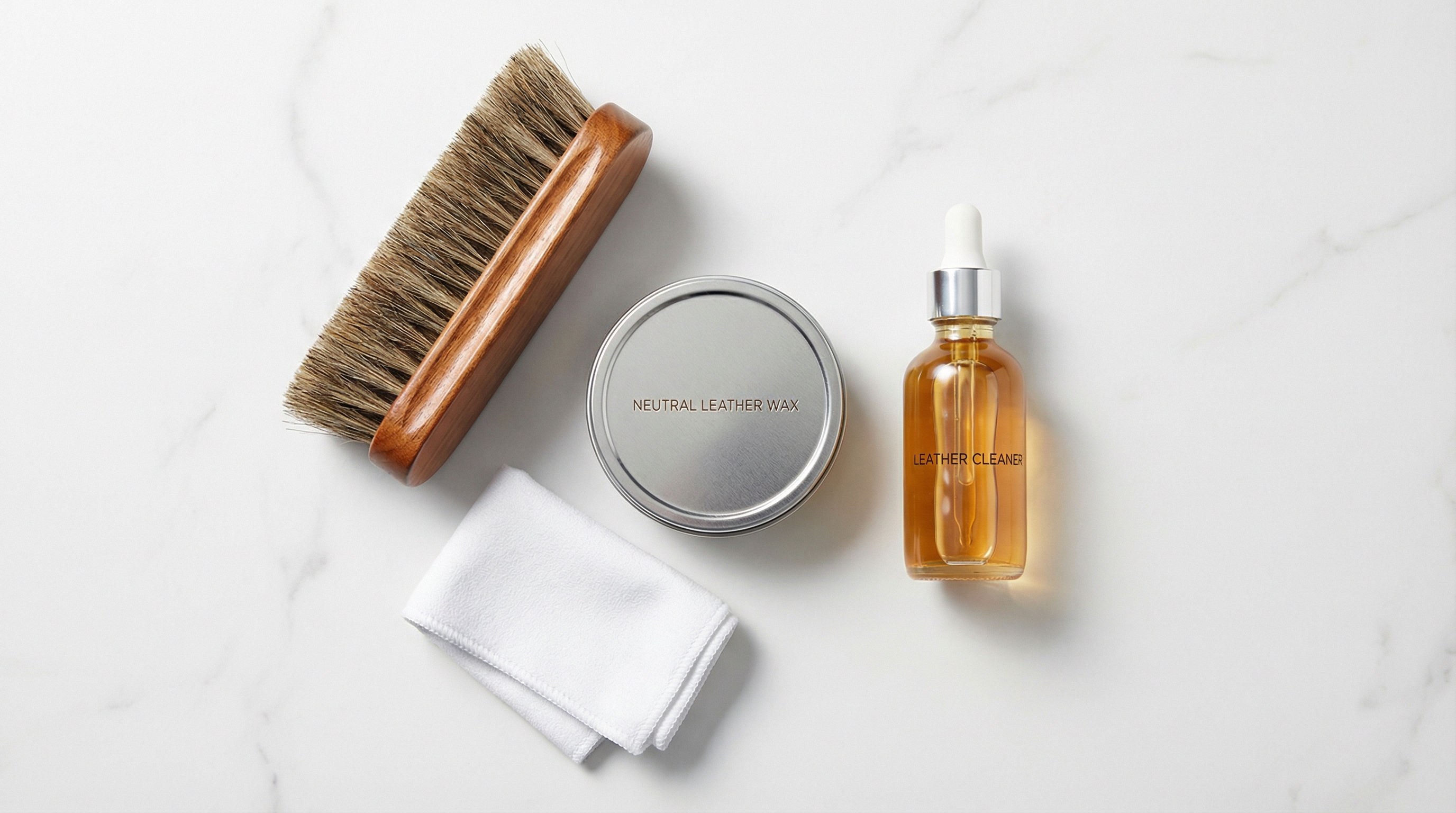 An aesthetic arrangement of a horsehair brush, a tin of neutral leather wax, a white microfiber cloth, and a small bottle of leather cleaner An aesthetic arrangement of a horsehair brush, a tin of neutral leather wax, a white microfiber cloth, and a small bottle of leather cleaner